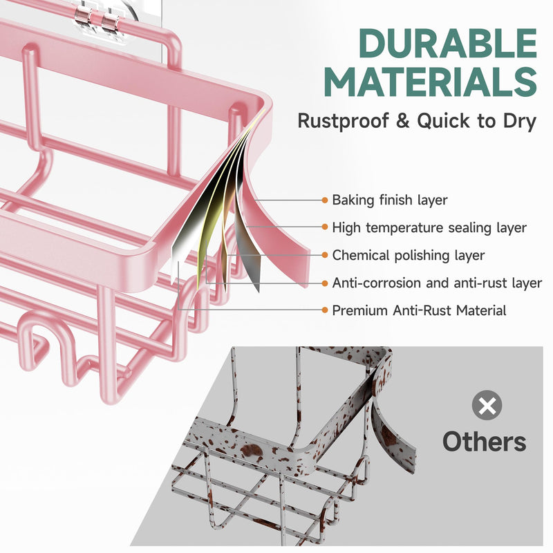 Veken 6-Pack Adhesive Shower Caddy, No Drilling, Rustproof, Wall-Mounted Bathroom Organizer with Soap Holder - Pink-zoom-