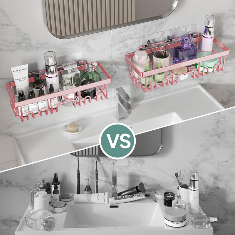 Veken 6-Pack Adhesive Shower Caddy, No Drilling, Rustproof, Wall-Mounted Bathroom Organizer with Soap Holder - Pink-zoom-