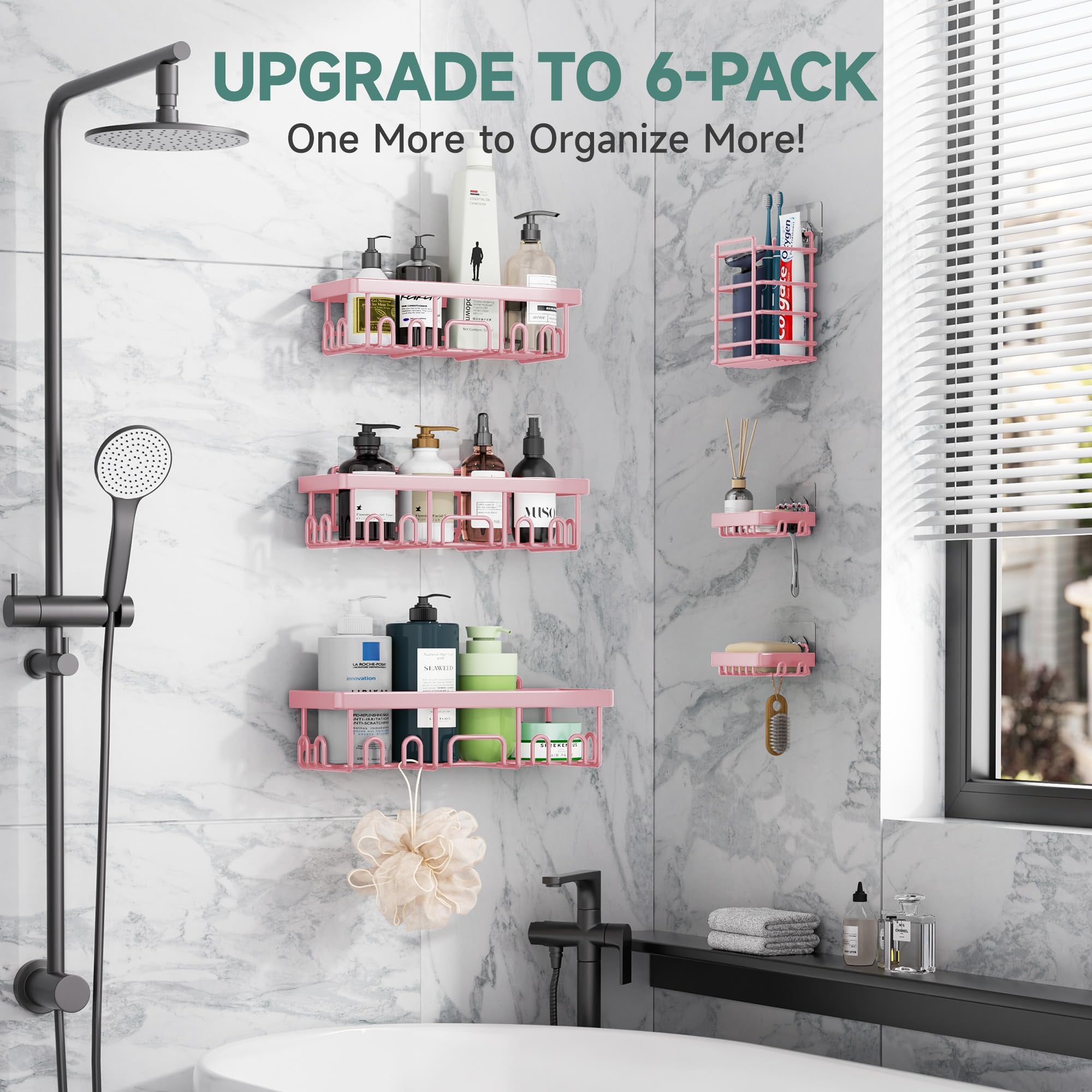 Veken 6-Pack Adhesive Shower Caddy, No Drilling, Rustproof, Wall-Mounted Bathroom Organizer with Soap Holder - Pink-zoom-6