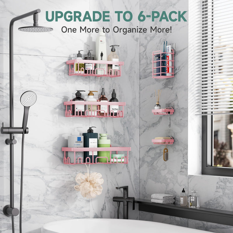 Veken 6-Pack Adhesive Shower Caddy, No Drilling, Rustproof, Wall-Mounted Bathroom Organizer with Soap Holder - Pink-zoom-