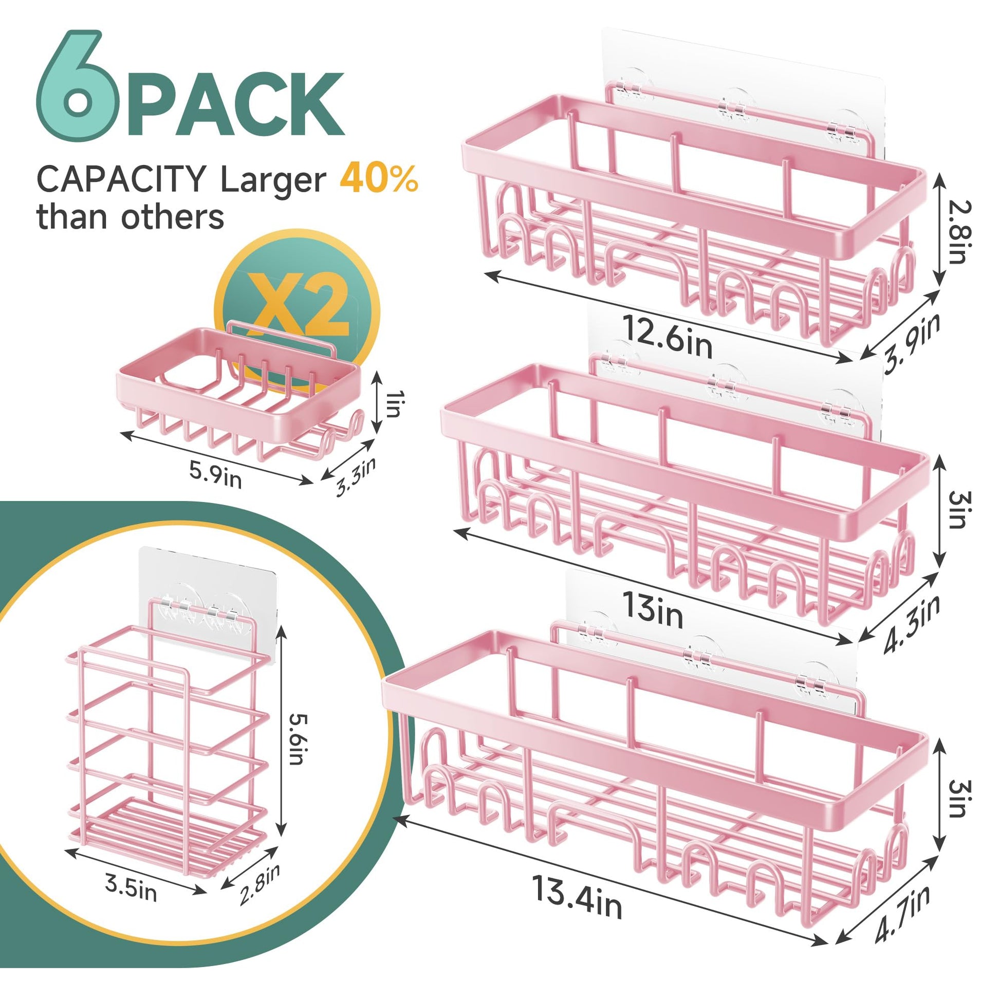 Veken 6-Pack Adhesive Shower Caddy, No Drilling, Rustproof, Wall-Mounted Bathroom Organizer with Soap Holder - Pink-2