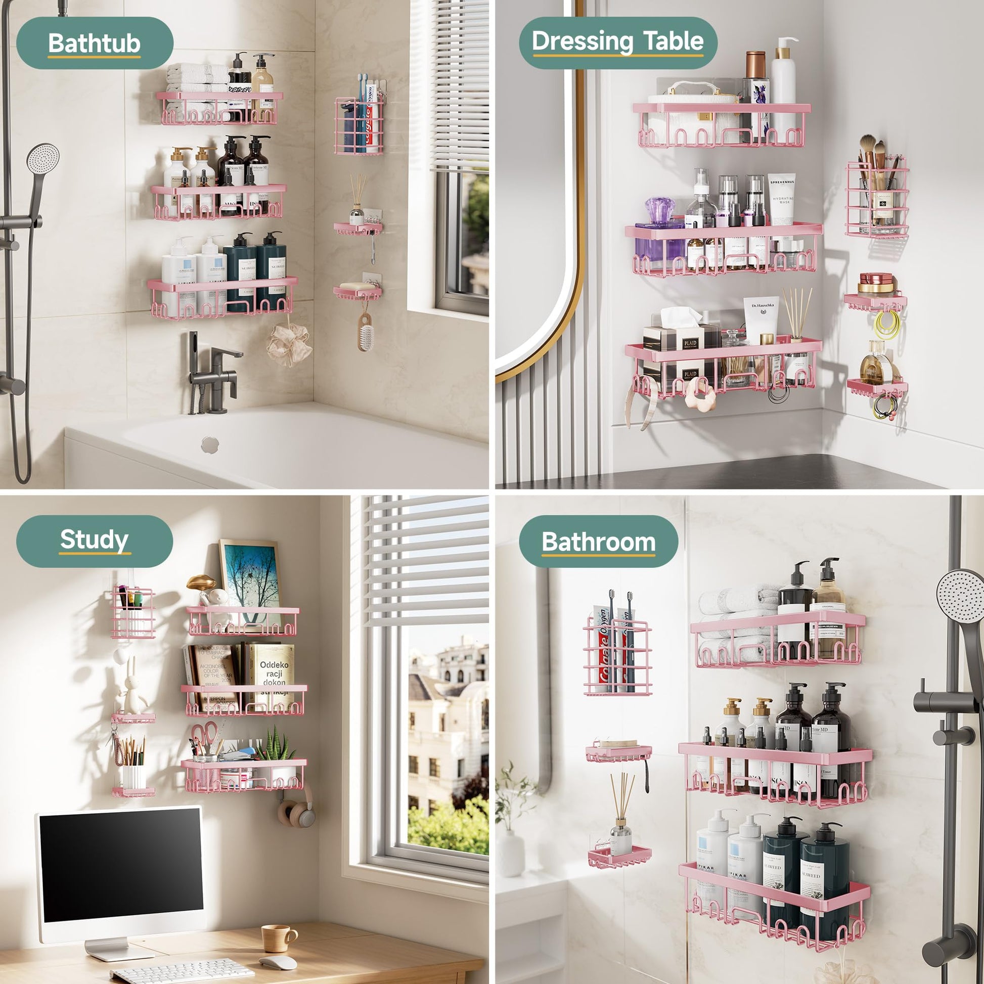 Veken 6-Pack Adhesive Shower Caddy, No Drilling, Rustproof, Wall-Mounted Bathroom Organizer with Soap Holder - Pink-7