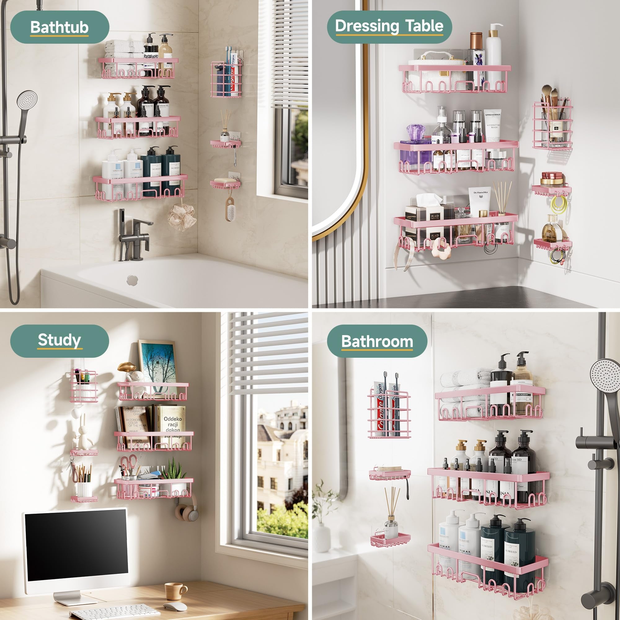 Veken 6-Pack Adhesive Shower Caddy, No Drilling, Rustproof, Wall-Mounted Bathroom Organizer with Soap Holder - Pink-zoom-7