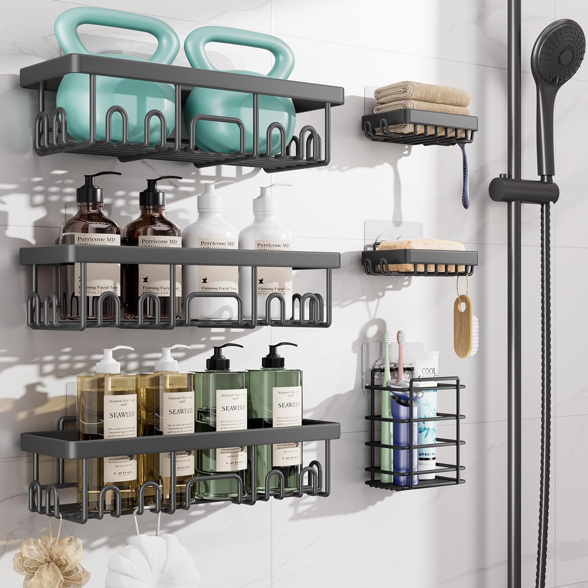 Veken Shower Caddy 6-Pack, No Drill Rustproof Waterproof Adhesive Shelves Rack, Large Capacity Bathroom Storage, Wall Mounted Kitchen & Home Decor-zoom-12