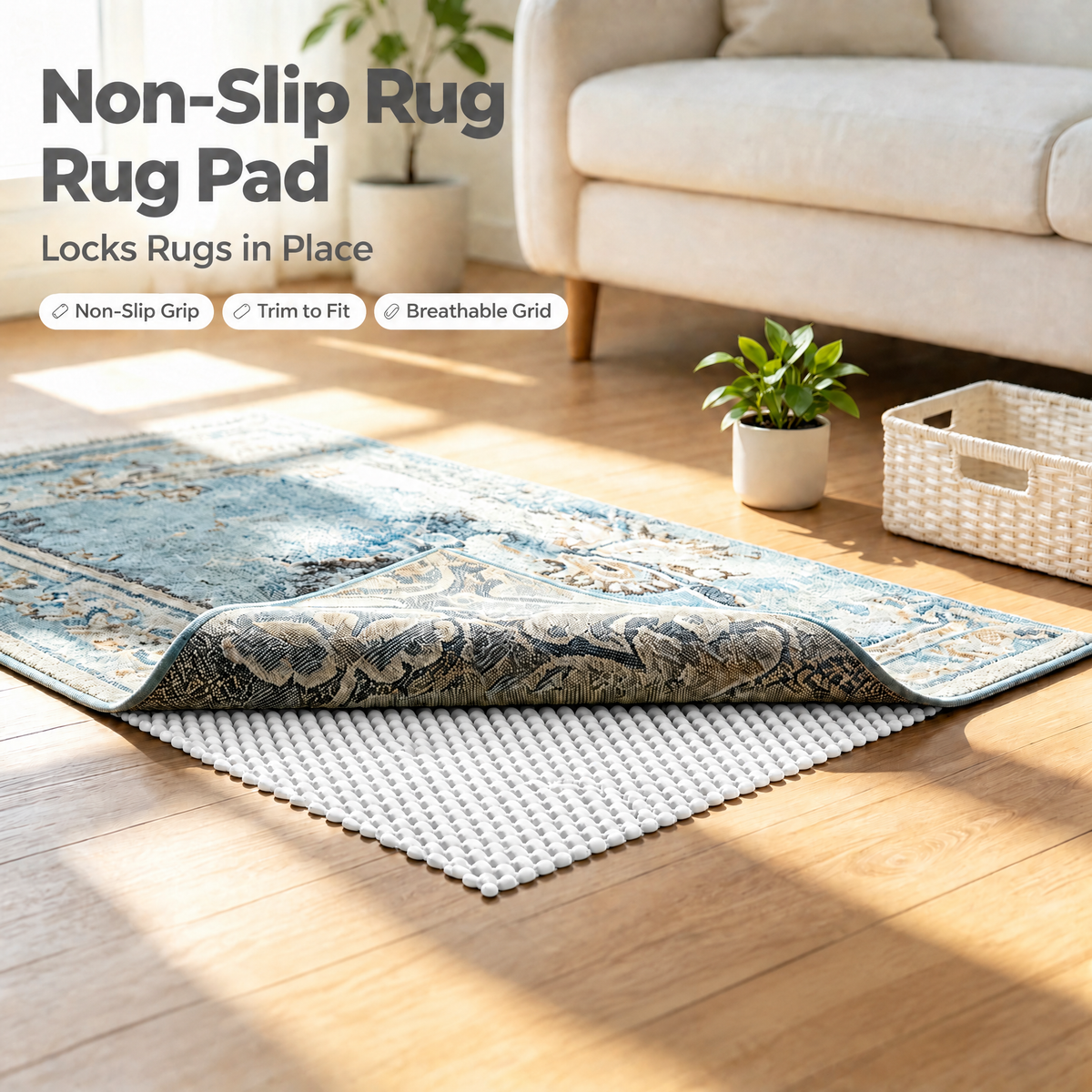 Veken Non-Slip Rug Pad Gripper for Hardwood Floors, Open Grid Area Rug Pad, Thick Anti Skid Rug Mat for Tile Floors-1