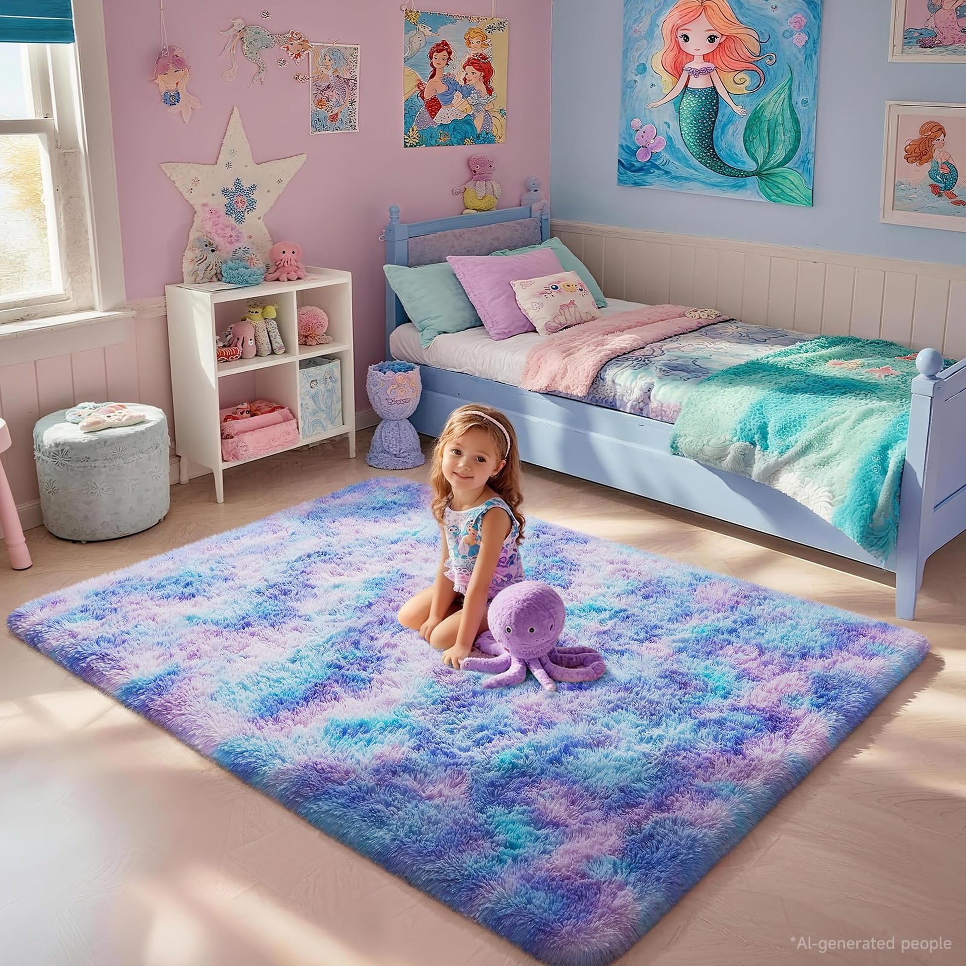 Ophanie 4x6 Mermaid Rainbow Area Rug Soft Fluffy Shag Bedroom Rug for Girls Kids Plush Carpet-3