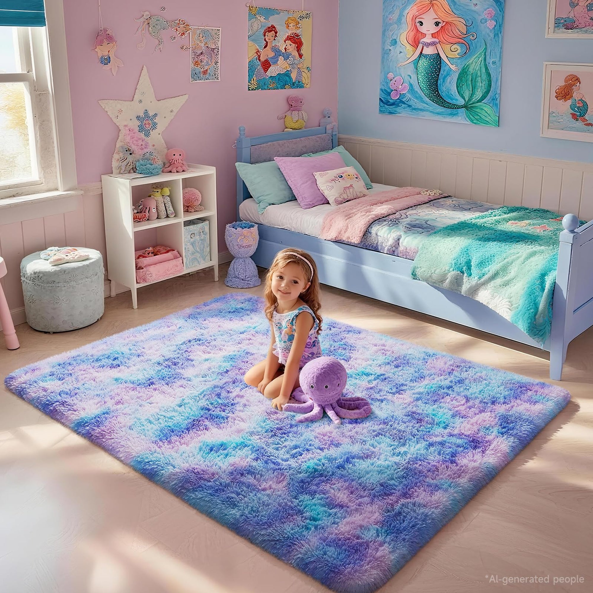 Ophanie 4x6 Mermaid Rainbow Area Rug Soft Fluffy Shag Bedroom Rug for Girls Kids Plush Carpet-zoom-3
