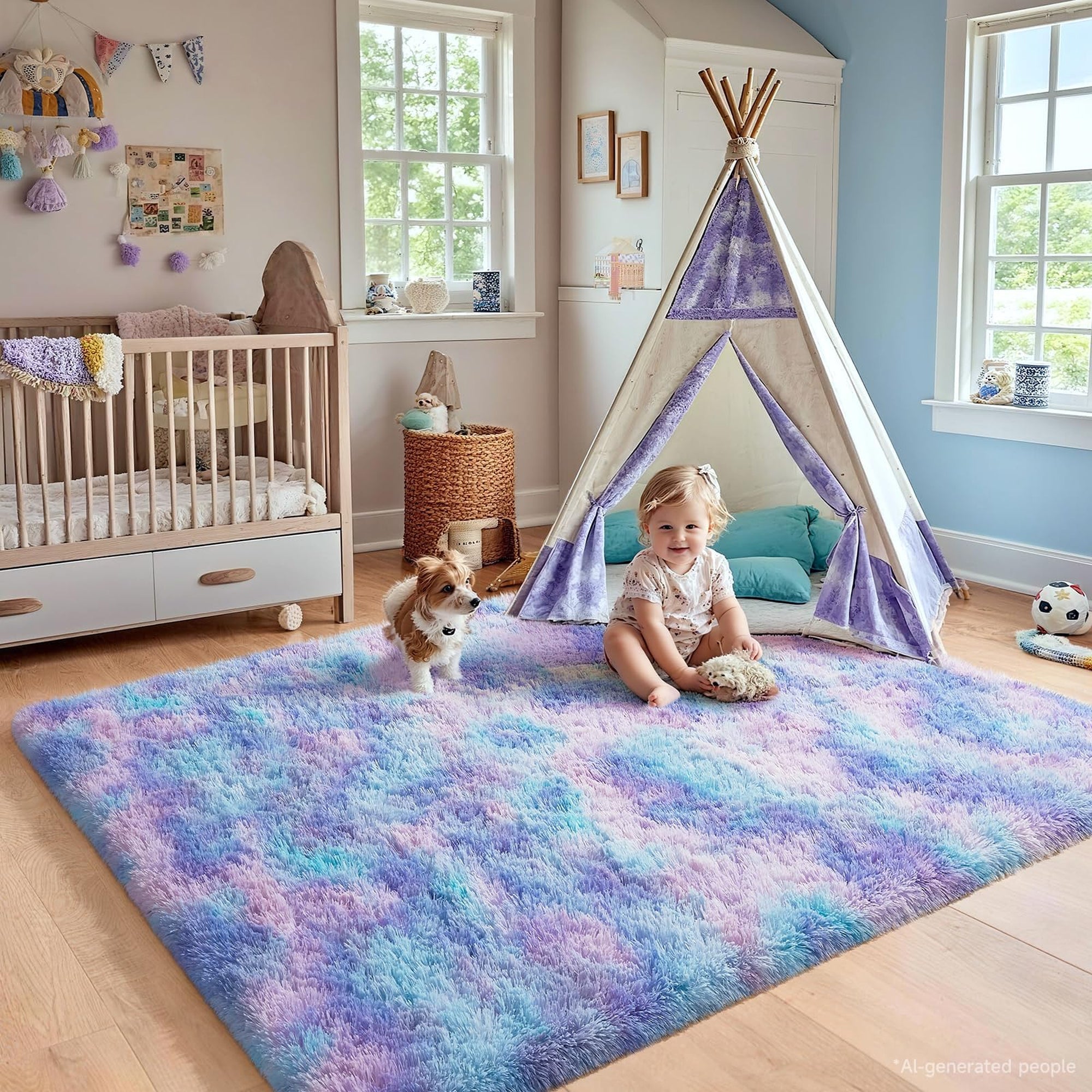 Ophanie 4x6 Mermaid Rainbow Area Rug Soft Fluffy Shag Bedroom Rug for Girls Kids Plush Carpet-zoom-1