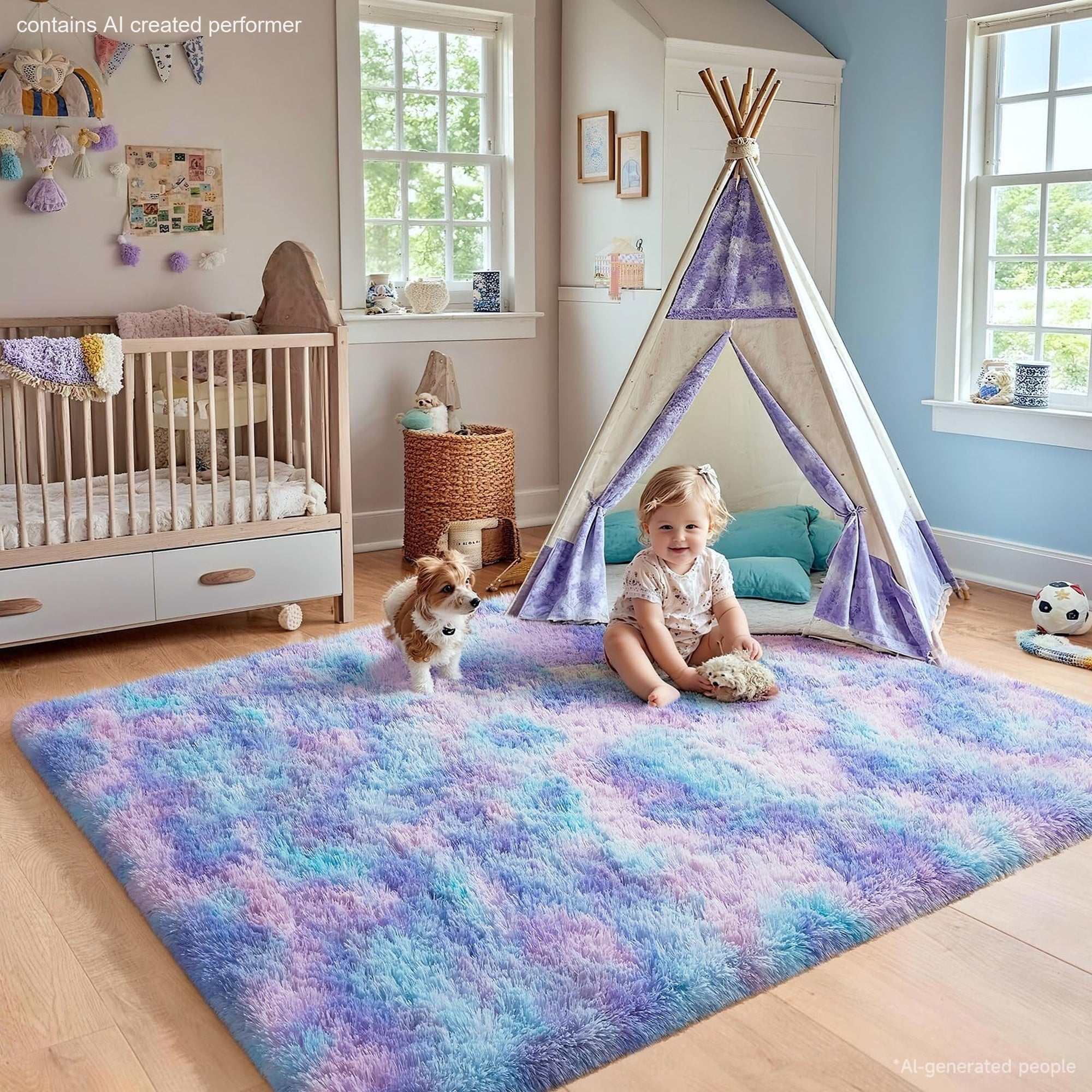 Ophanie 4x6 Mermaid Rainbow Area Rug Soft Fluffy Shag Bedroom Rug for Girls Kids Plush Carpet