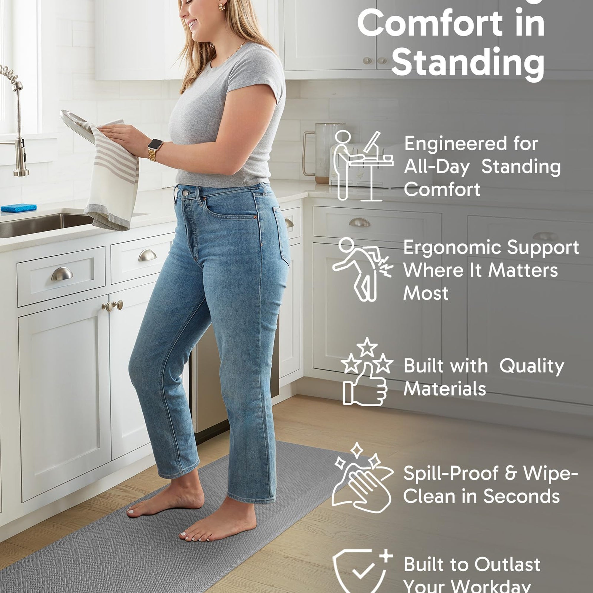 Ophanie Grey Kitchen Mat 20x60, Anti Fatigue Standing Mat 3/4 Inch Thick, Non Slip Waterproof Cushioned Ergonomic Rug for Office Sink-zoom-4