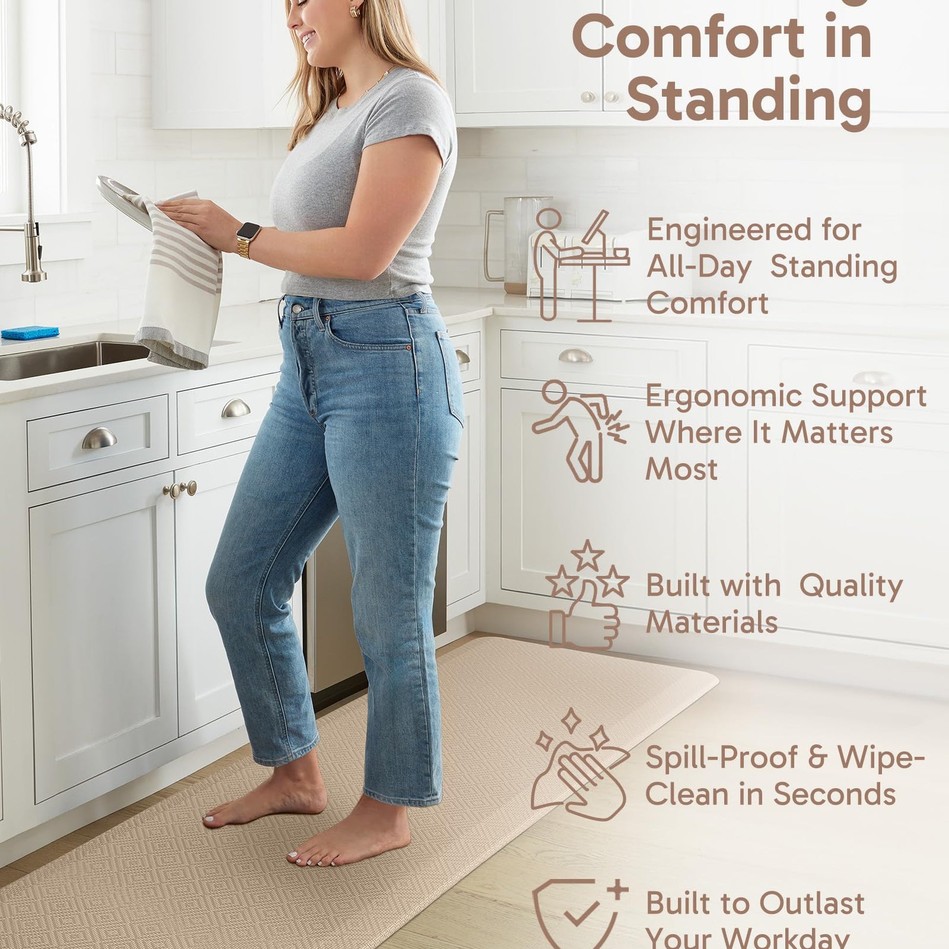 Ophanie Beige Kitchen Mat 24x70, Anti Fatigue Standing Mat 3/4 Inch Thick, Non Slip Waterproof Cushioned Ergonomic Rug for Office Sink-4
