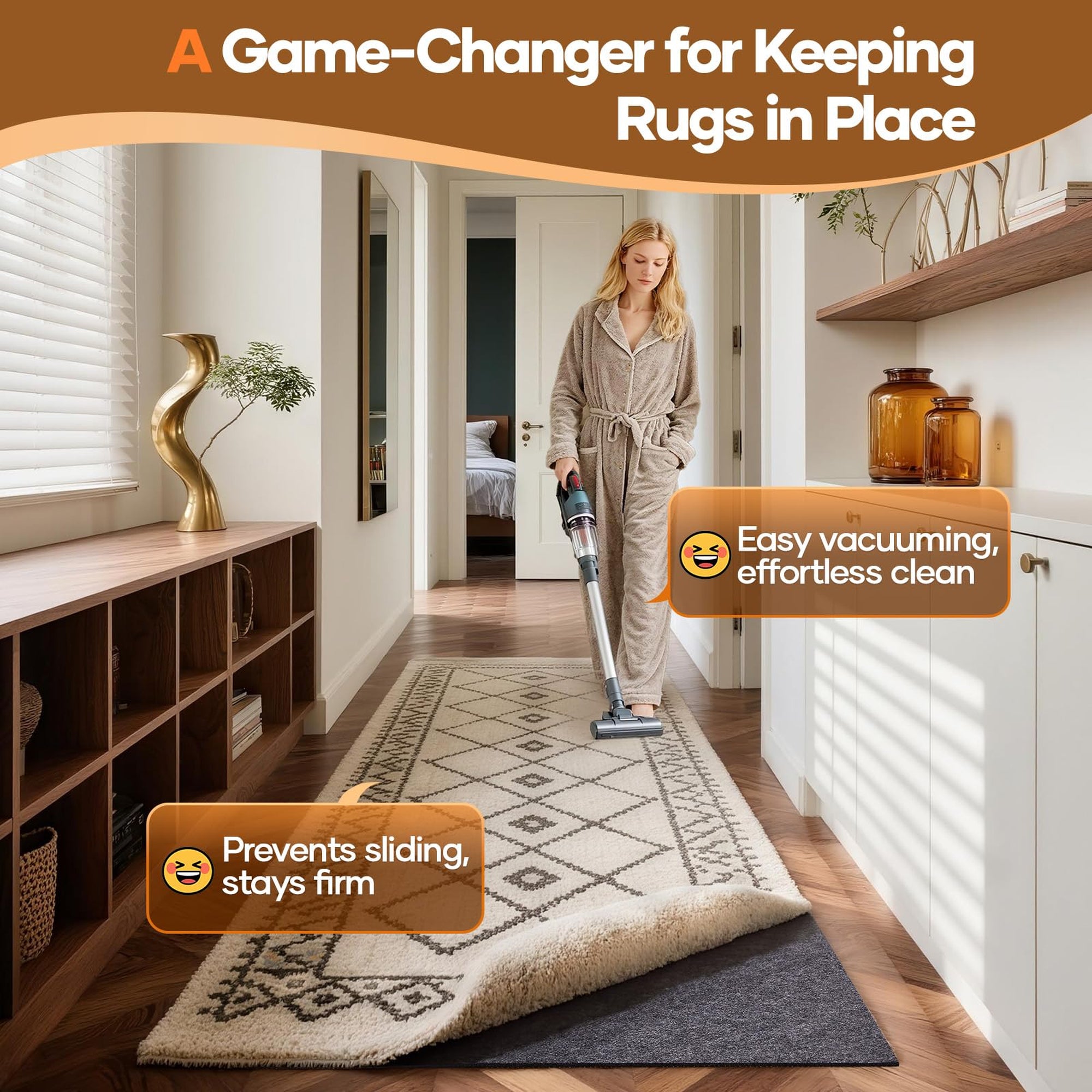 Veken Runner Rug Pad 2 x 12 Ft, Non Slip Anti Skid Mat, Felt and Silicone Gripper for Hardwood Floors, 1/4 Inch Thick Area Carpet Cushion