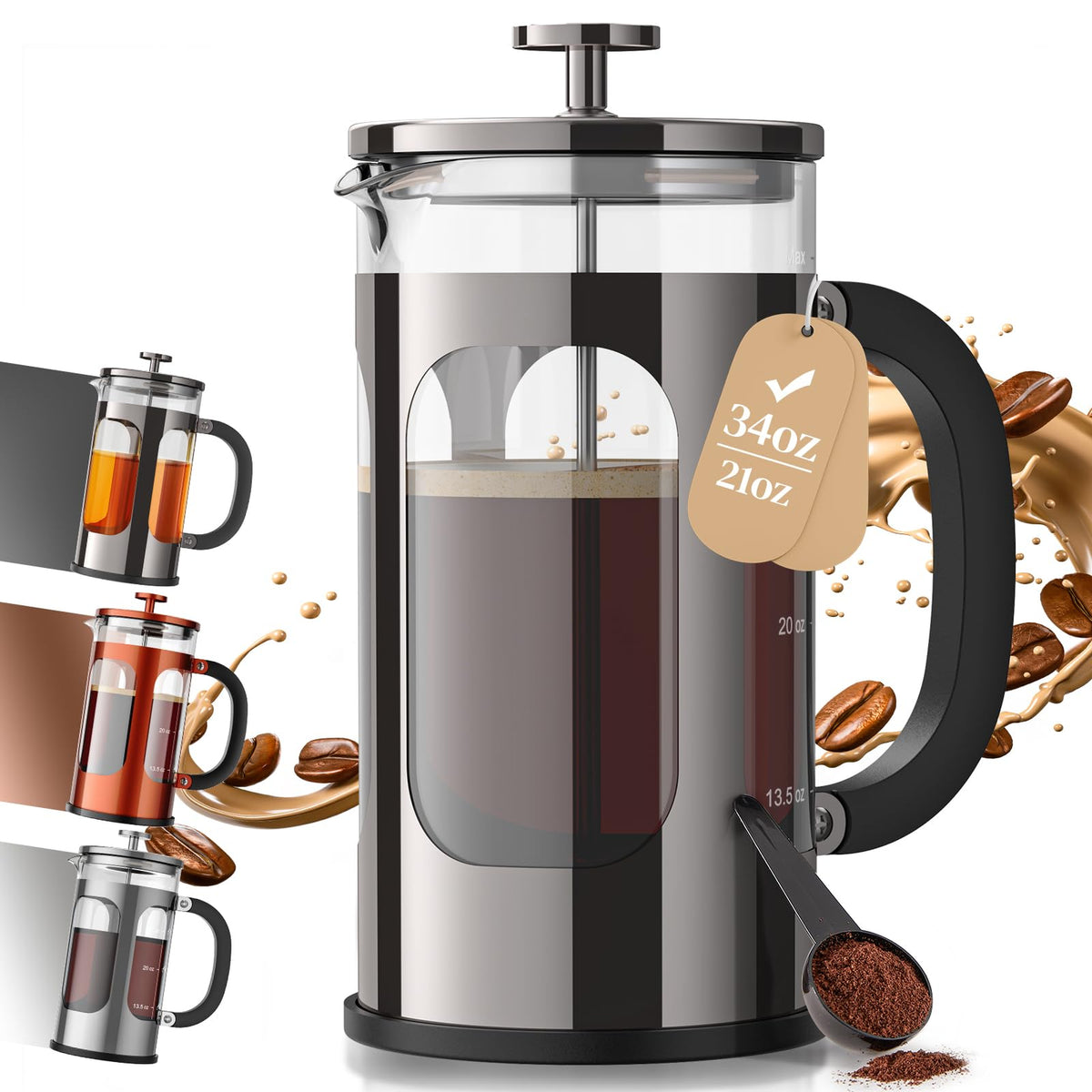 Veken 34oz French Press Coffee Maker, No Plastic Touching Cafe,1 L Cafetera-zoom-1