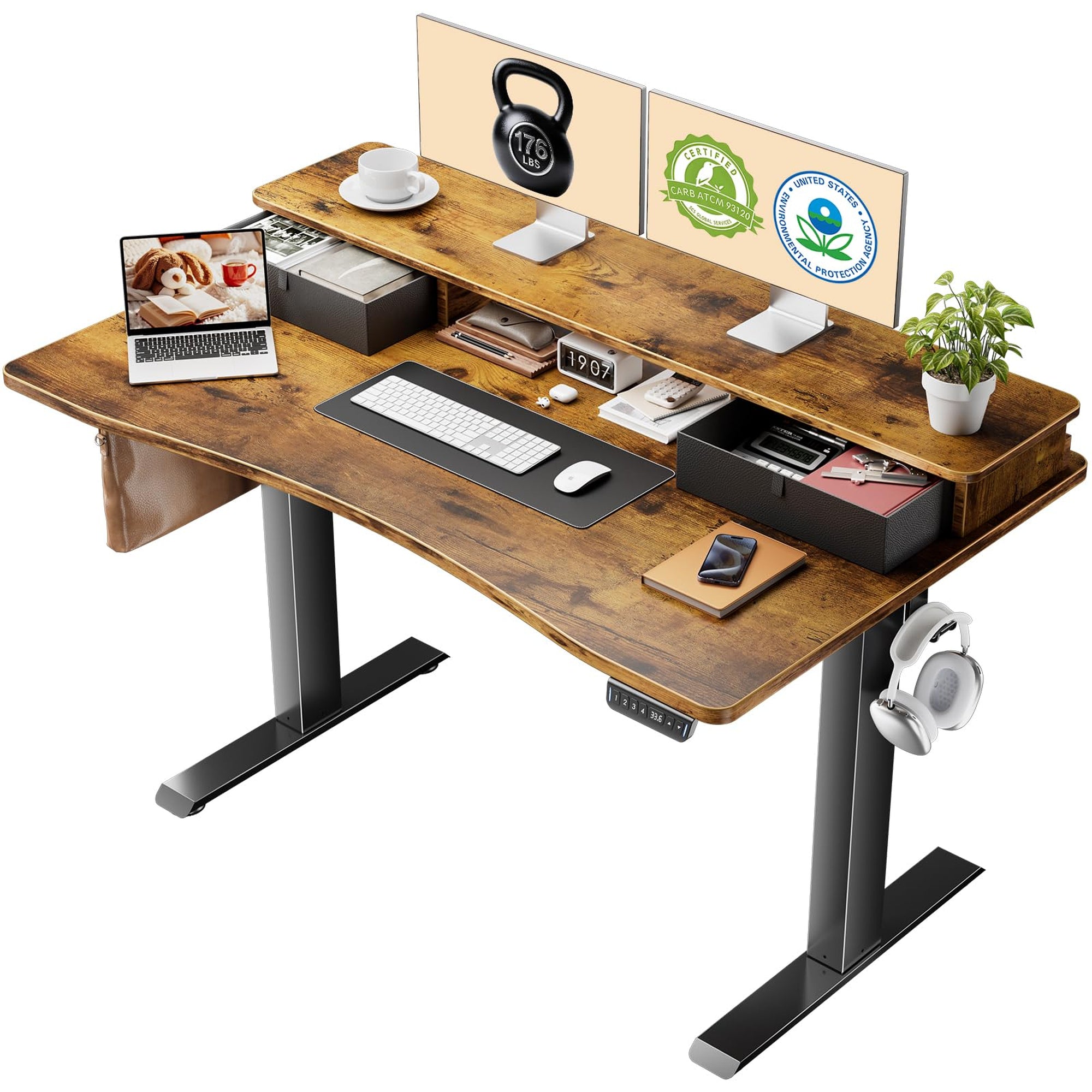 Veken 47.2" x 27.6" Adjustable Standing Desk with Storage Drawers & Monitor Shelf - Brown