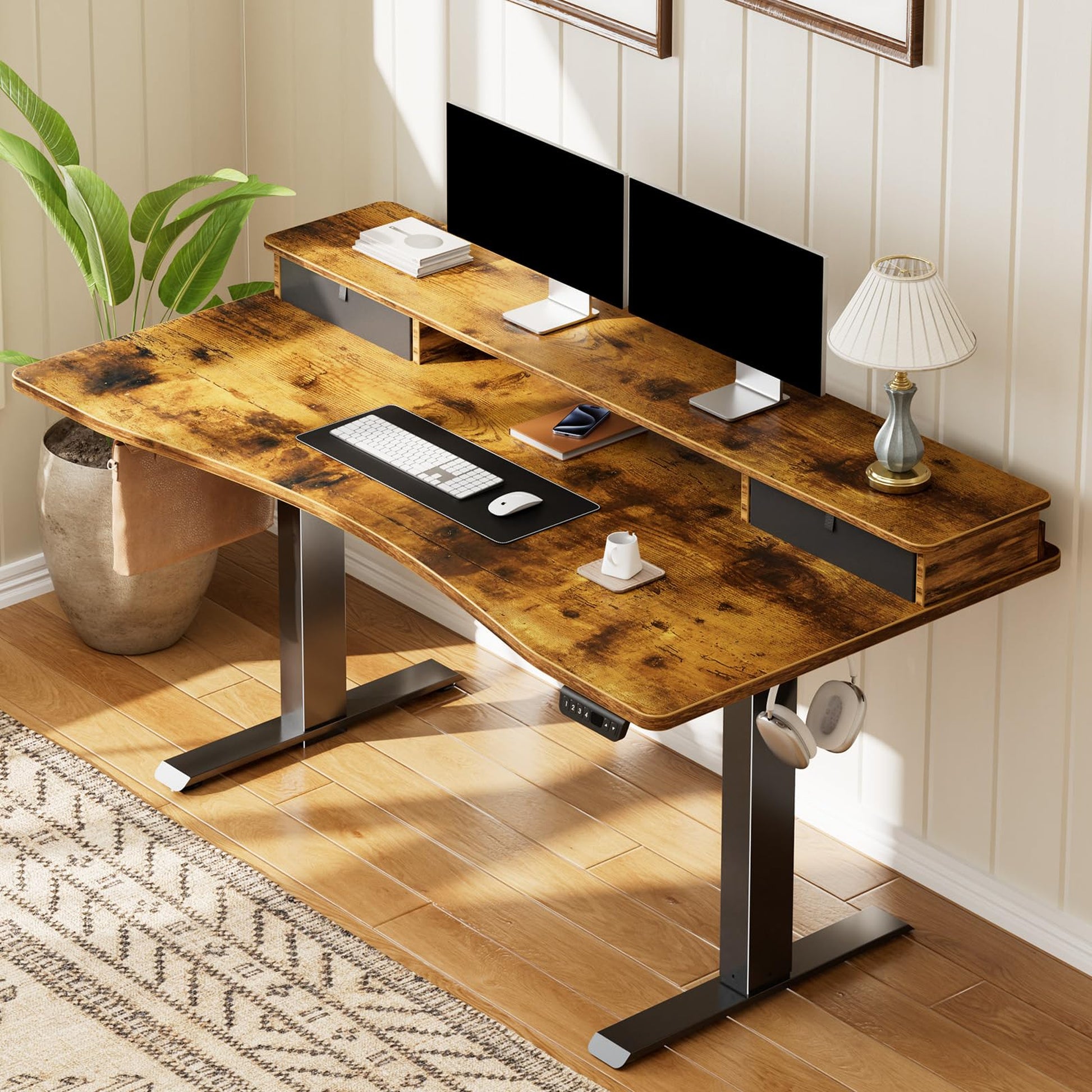 Veken 47.2" x 27.6" Adjustable Standing Desk with Storage Drawers & Monitor Shelf - Brown-1
