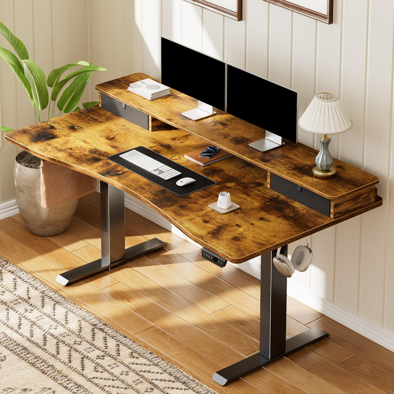 Veken 47.2" x 27.6" Adjustable Standing Desk with Storage Drawers & Monitor Shelf - Brown-zoom-
