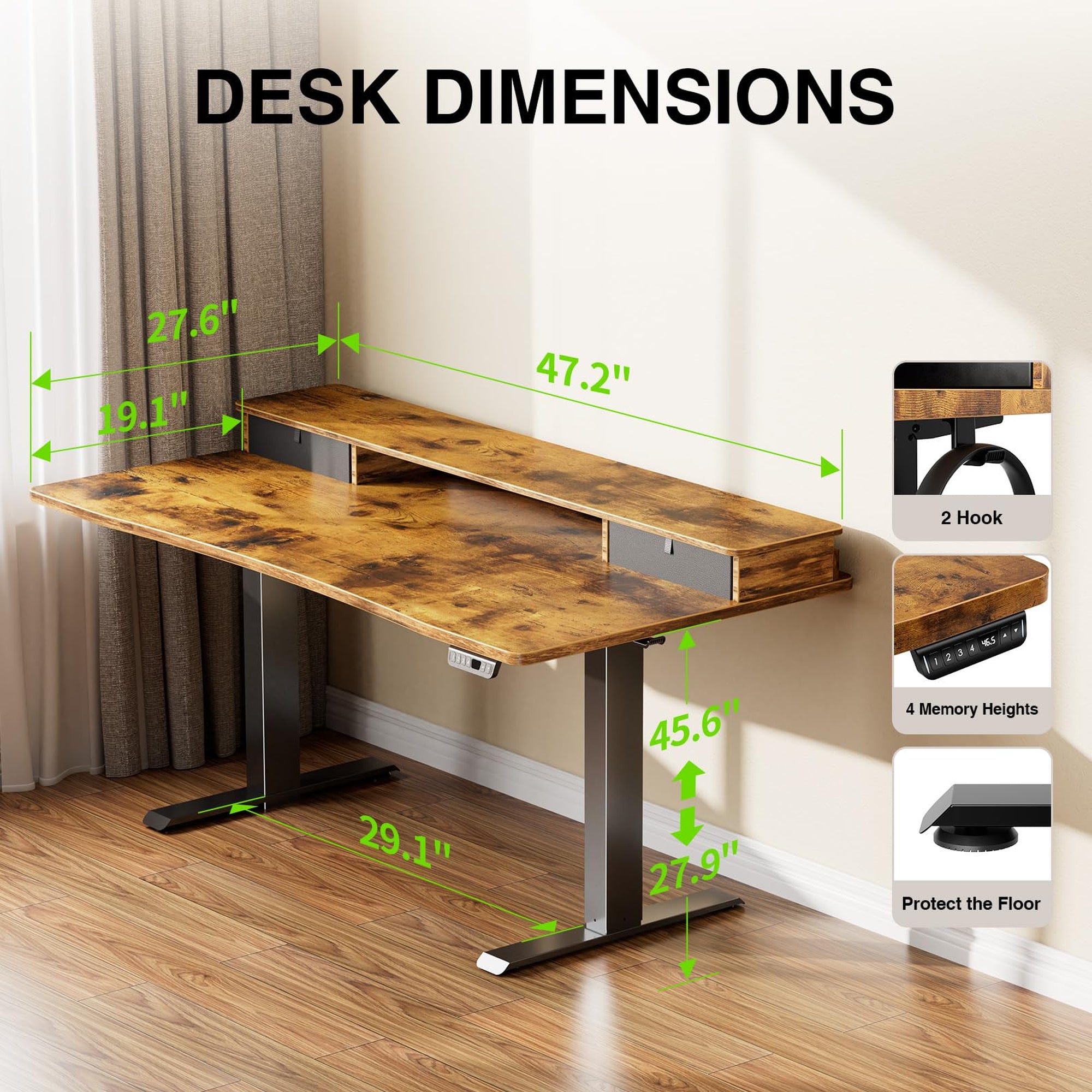 Veken 47.2" x 27.6" Adjustable Standing Desk with Storage Drawers & Monitor Shelf - Brown-zoom-3