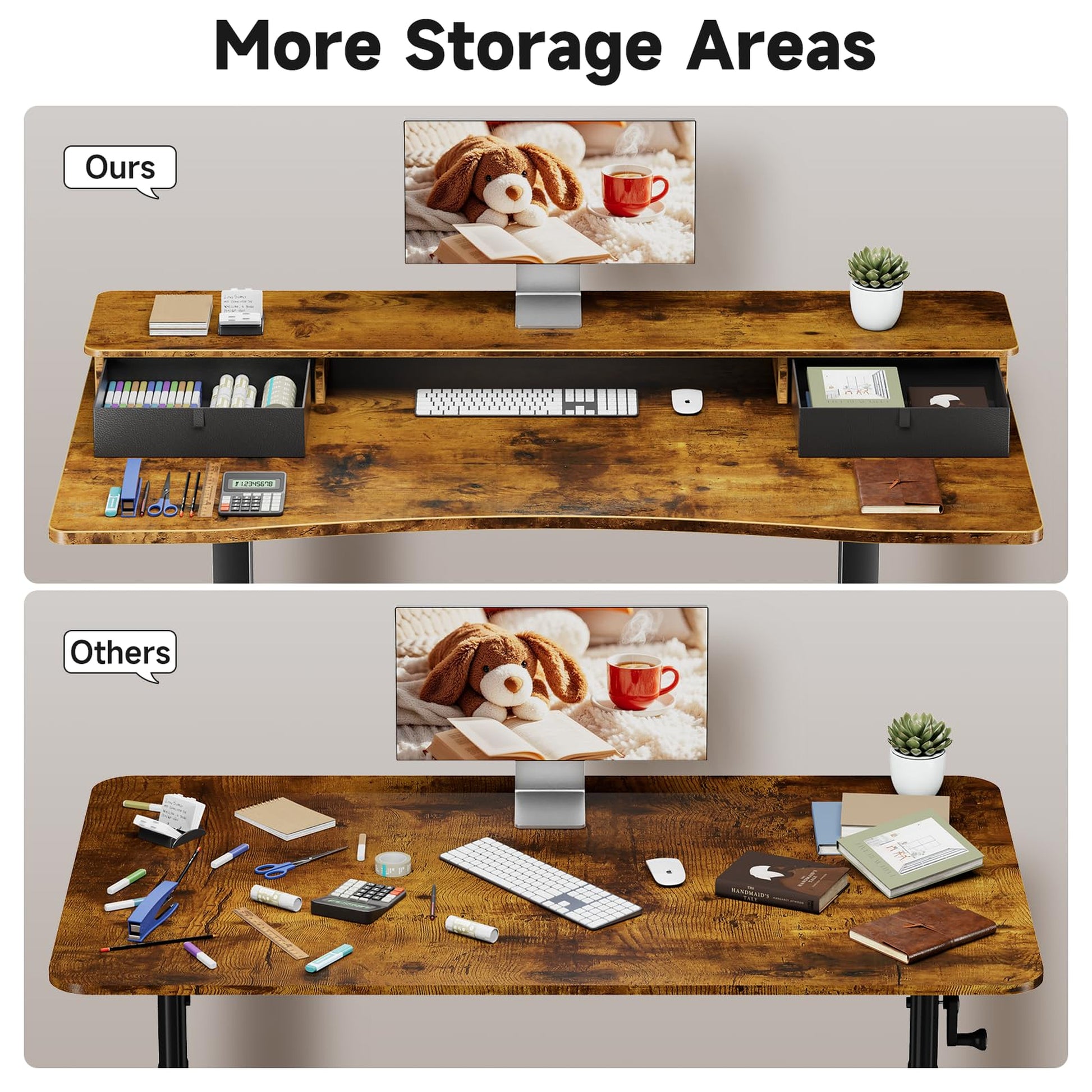 Veken 47.2" x 27.6" Adjustable Standing Desk with Storage Drawers & Monitor Shelf - Brown-4
