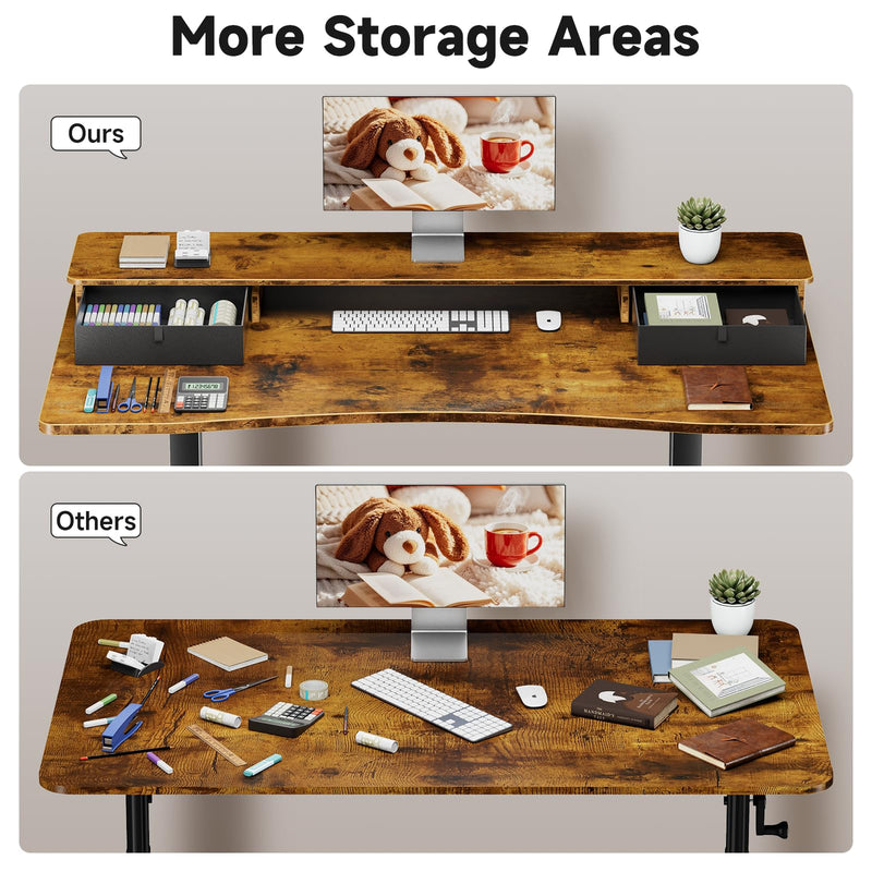 Veken 47.2" x 27.6" Adjustable Standing Desk with Storage Drawers & Monitor Shelf - Brown-zoom-