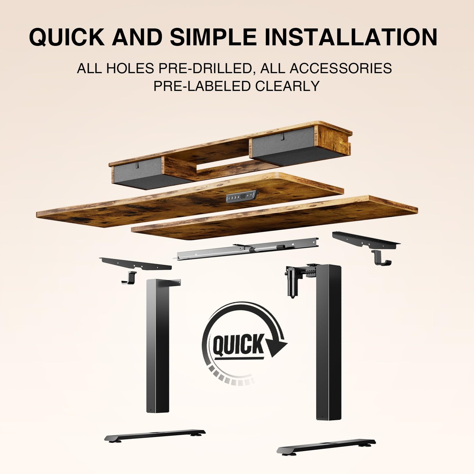 Veken 47.2" x 27.6" Adjustable Standing Desk with Storage Drawers & Monitor Shelf - Brown-zoom-5