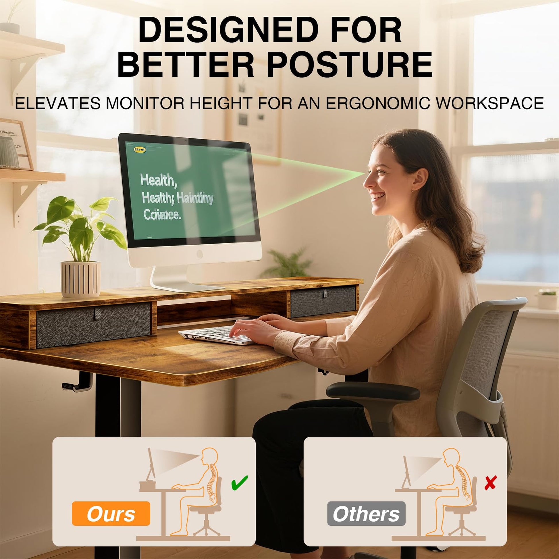 Veken 47.2" x 27.6" Adjustable Standing Desk with Storage Drawers & Monitor Shelf - Brown-7