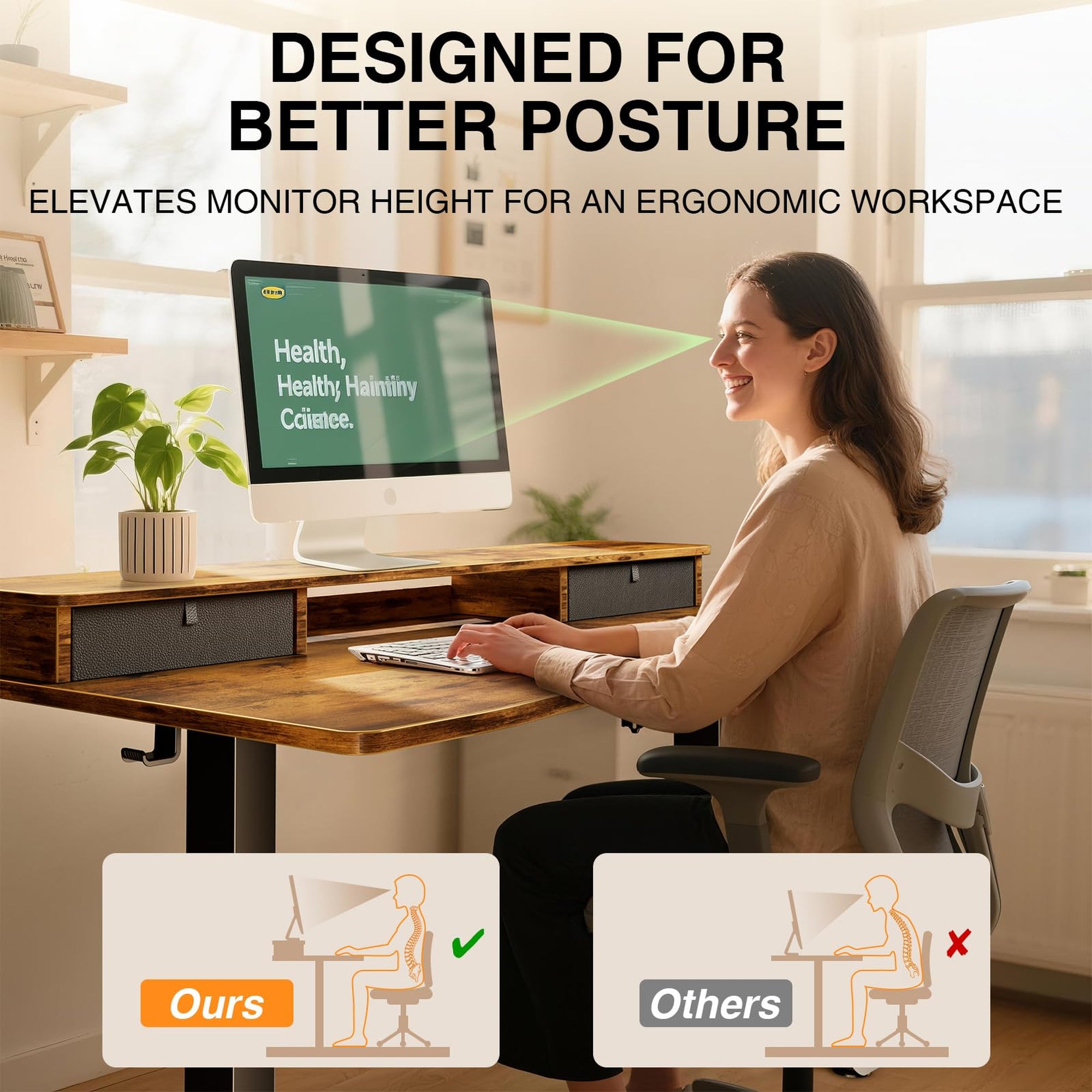 Veken 47.2" x 27.6" Adjustable Standing Desk with Storage Drawers & Monitor Shelf - Brown-zoom-7