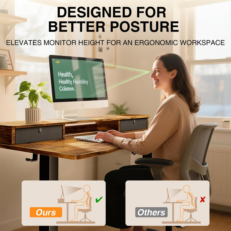 Veken 47.2" x 27.6" Adjustable Standing Desk with Storage Drawers & Monitor Shelf - Brown-zoom-