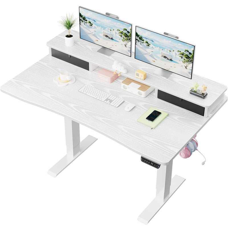Veken 47.2" x 27.6" Adjustable Standing Desk with Monitor Riser & Drawers - White-zoom-