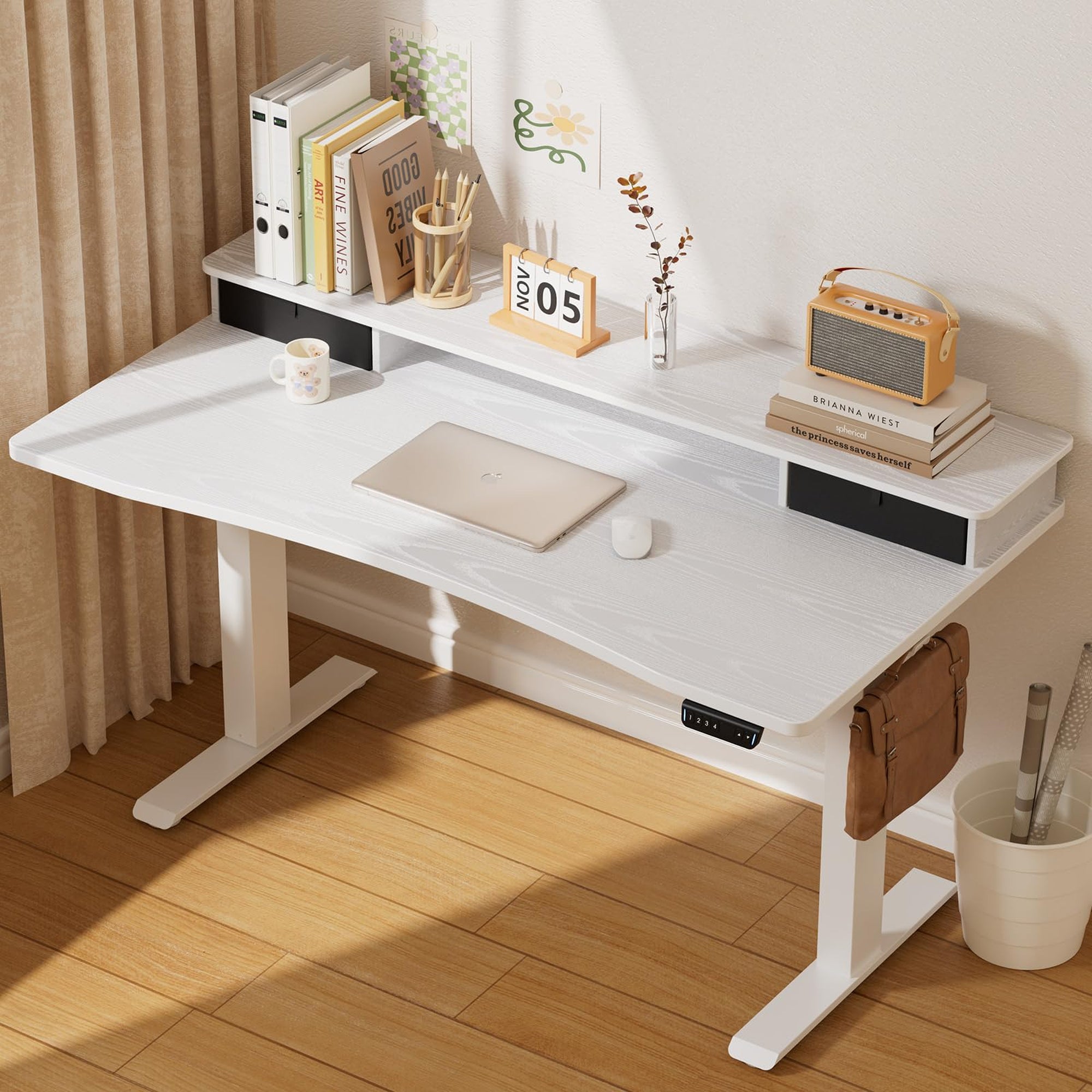 Veken 47.2" x 27.6" Adjustable Standing Desk with Monitor Riser & Drawers - White-zoom-2