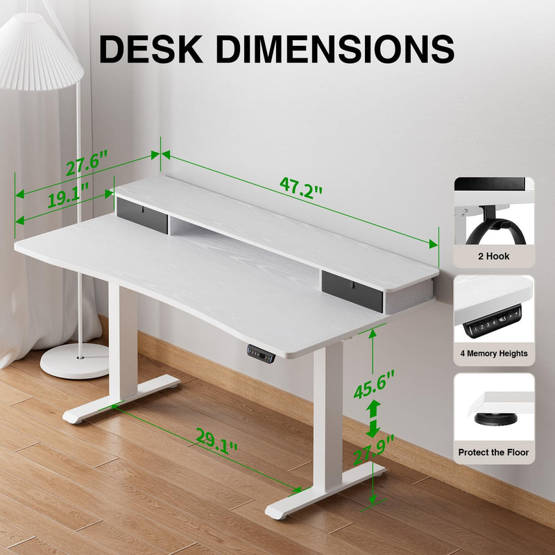 Veken 47.2" x 27.6" Adjustable Standing Desk with Monitor Riser & Drawers - White-zoom-