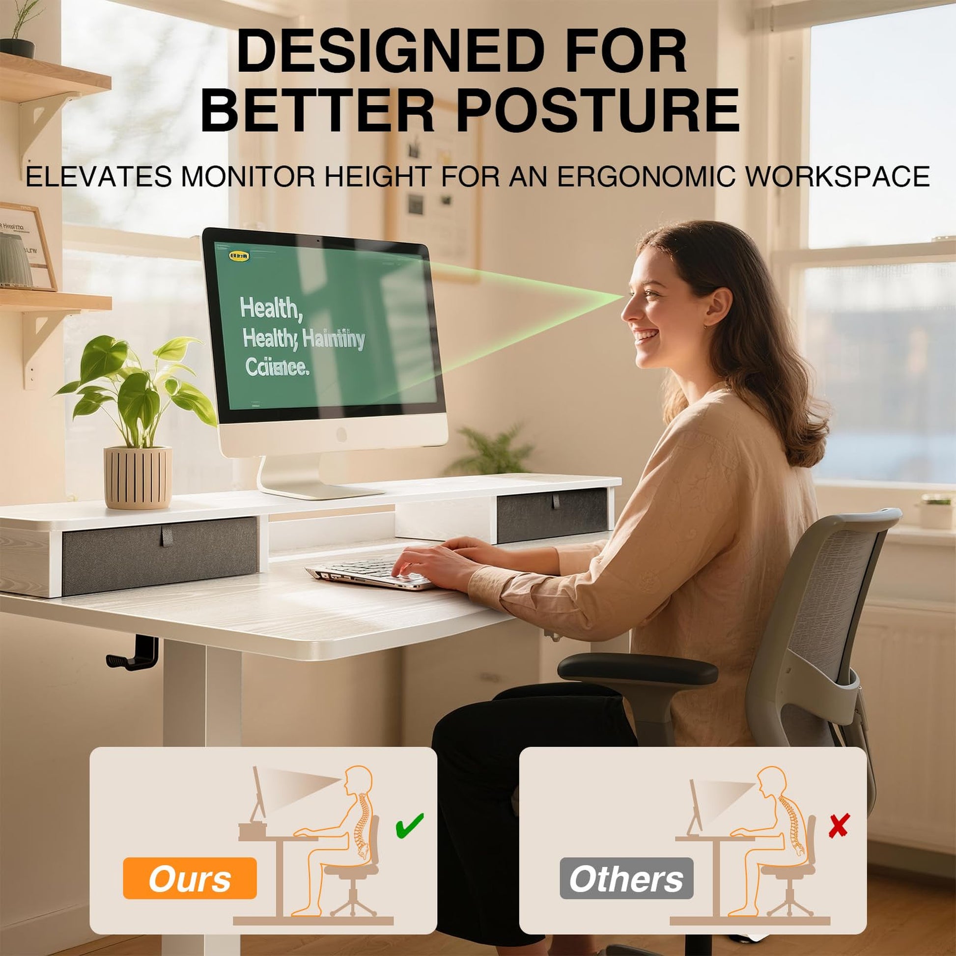 Veken 47.2" x 27.6" Adjustable Standing Desk with Monitor Riser & Drawers - White-7