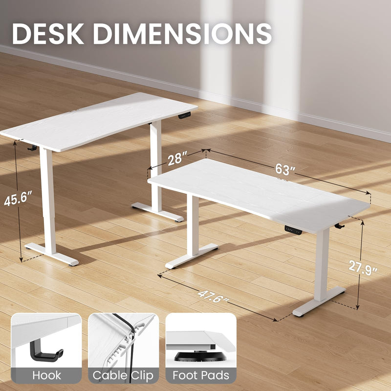 Veken 63" x 28" Electric Height-Adjustable Standing Desk - White-zoom-