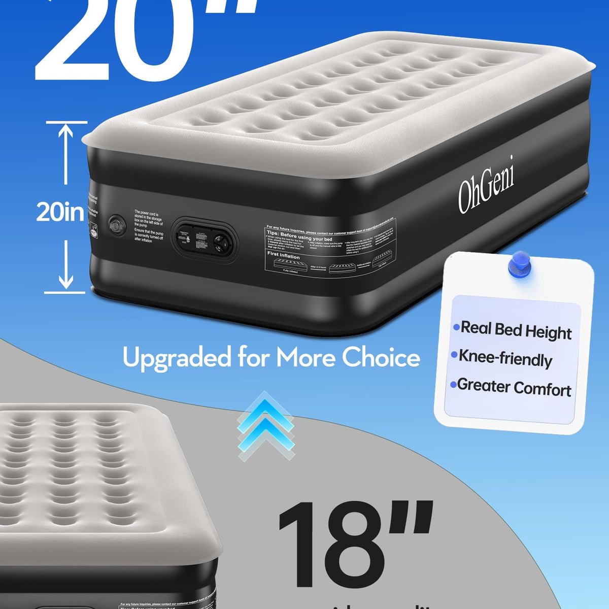 OhGeni 20" Raised Twin Air Mattress with Built in Pump, Blow Up Bed, 500lb-3