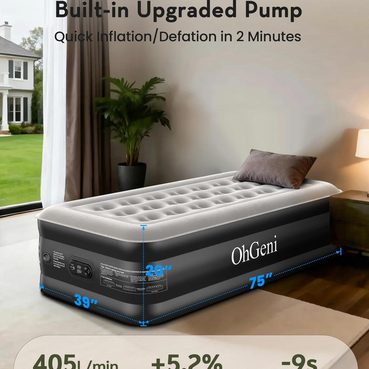 OhGeni 20" Raised Twin Air Mattress with Built in Pump, Blow Up Bed, 500lb-zoom-9