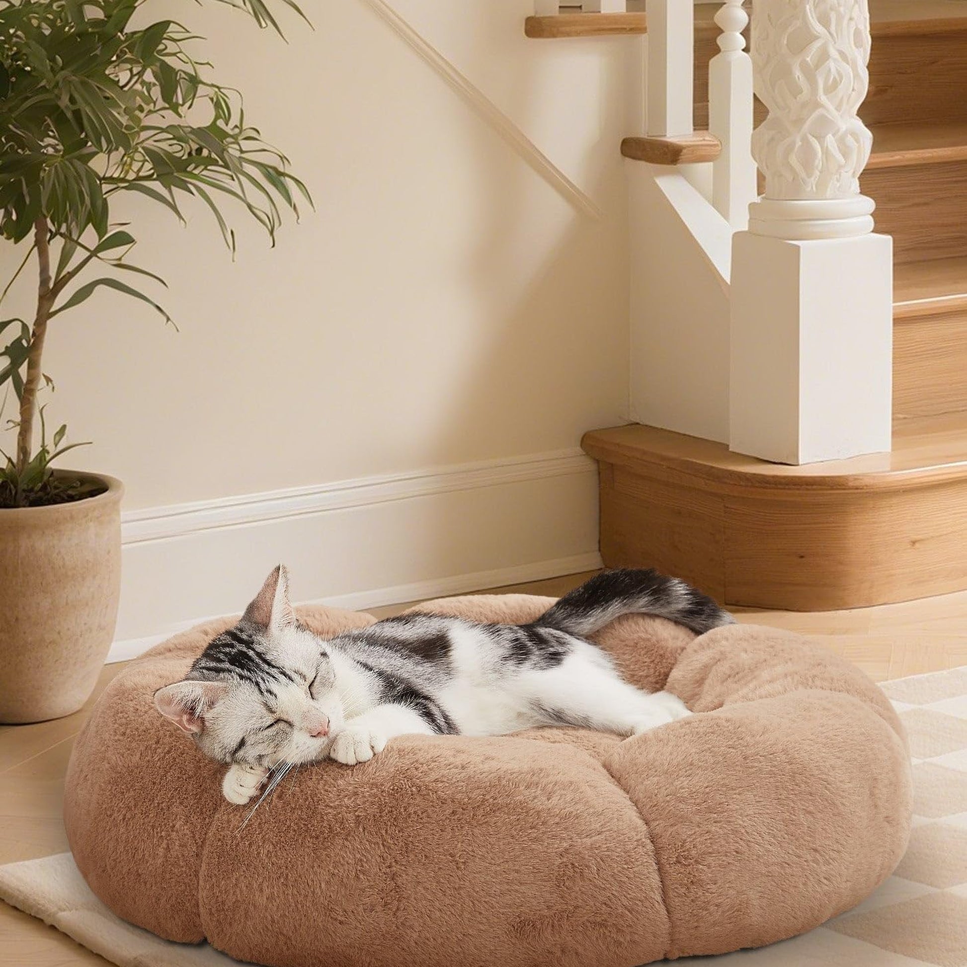 OhGeni Camel Calming Donut Dog Bed 20 Inch, Fluffy Fur Cat Bed for Small Pets, Machine Washable Round Puppy Kitten Pet Nest-3