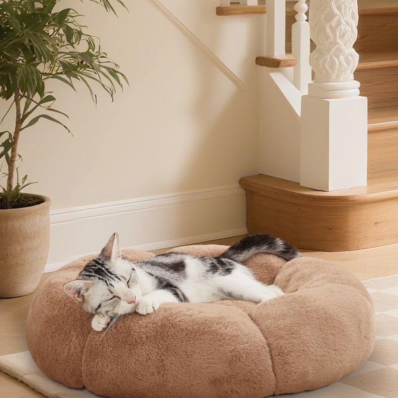 OhGeni Camel Calming Donut Dog Bed 20 Inch, Fluffy Fur Cat Bed for Small Pets, Machine Washable Round Puppy Kitten Pet Nest-zoom-