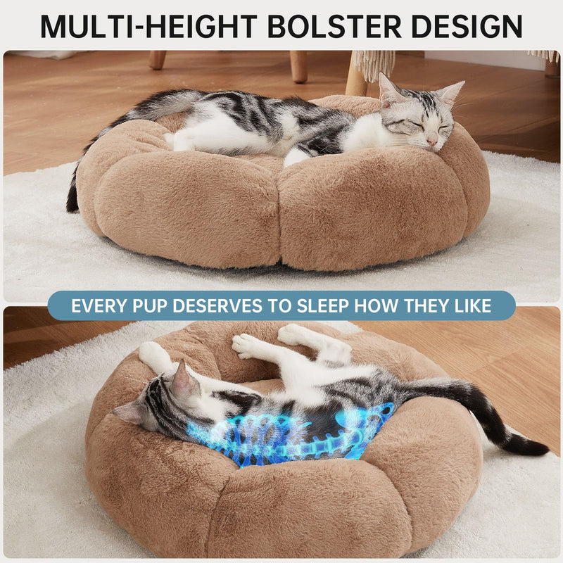 OhGeni Camel Calming Donut Dog Bed 20 Inch, Fluffy Fur Cat Bed for Small Pets, Machine Washable Round Puppy Kitten Pet Nest-zoom-