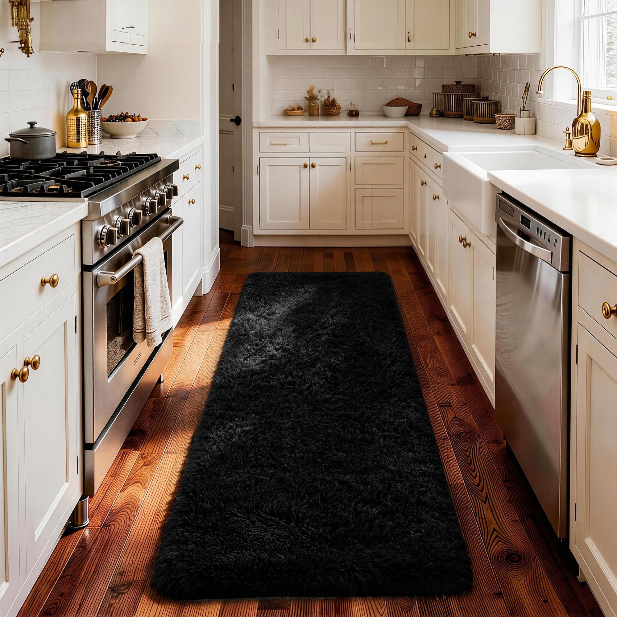Ophanie Black Fluffy Runner Rug 2x6, Non Slip Shag Carpet for Hallway Bedroom, Soft Bedside Rug for Kids Nursery, Living Room Dorm Mat