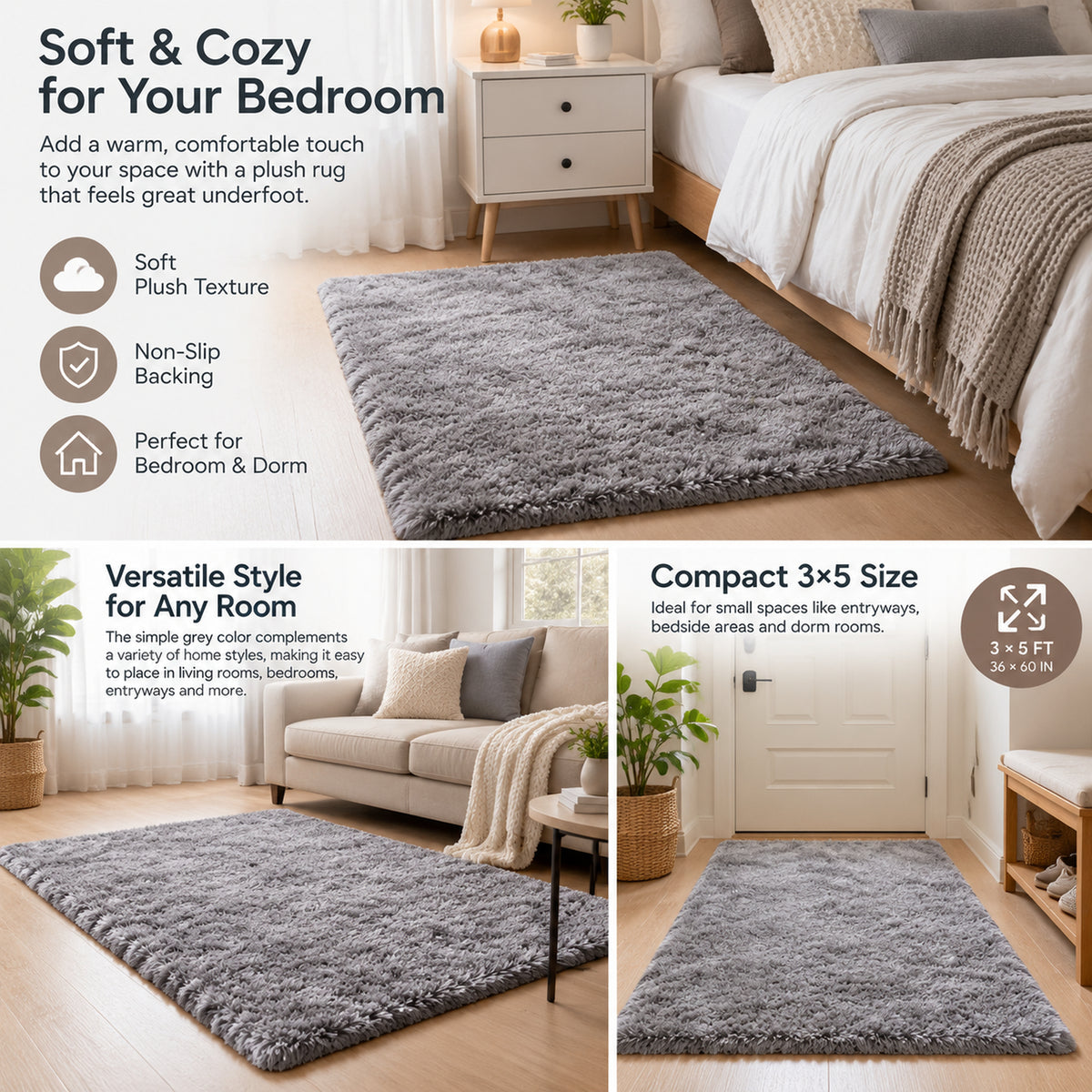 Ophanie 3x5 Area Rug Non Slip Plush Dorm Bedroom Rug Grey Soft Fluffy Floor Carpet-4