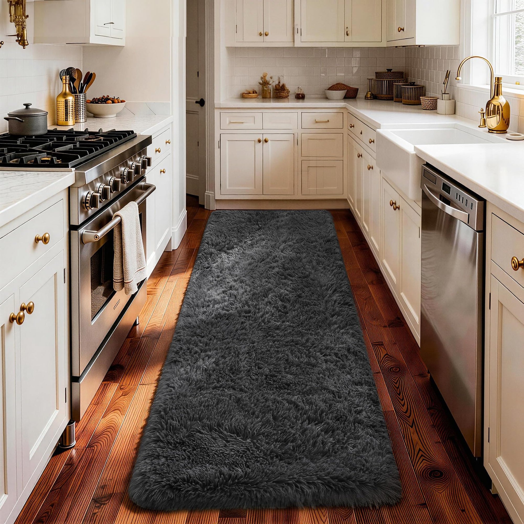 Ophanie Grey Fluffy Runner Rug 2x8, Non Slip Shag Carpet for Hallway Bedroom, Soft Bedside Rug for Kids Nursery, Living Room Dorm Mat-zoom-1