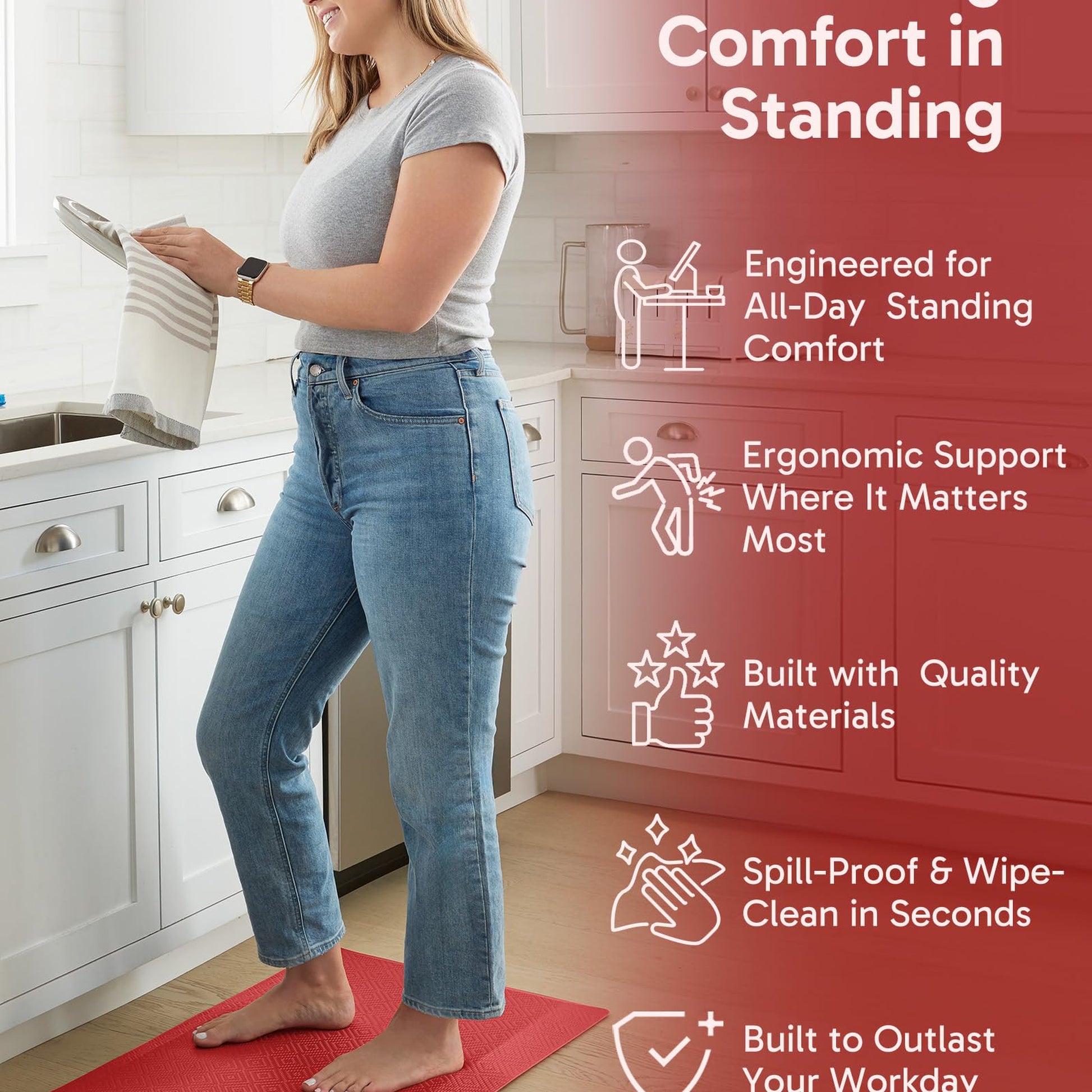 Ophanie Red Kitchen Mat 20x32, Anti Fatigue Standing Mat 3/4 Inch Thick, Non Slip Waterproof Cushioned Ergonomic Rug for Office Sink-3