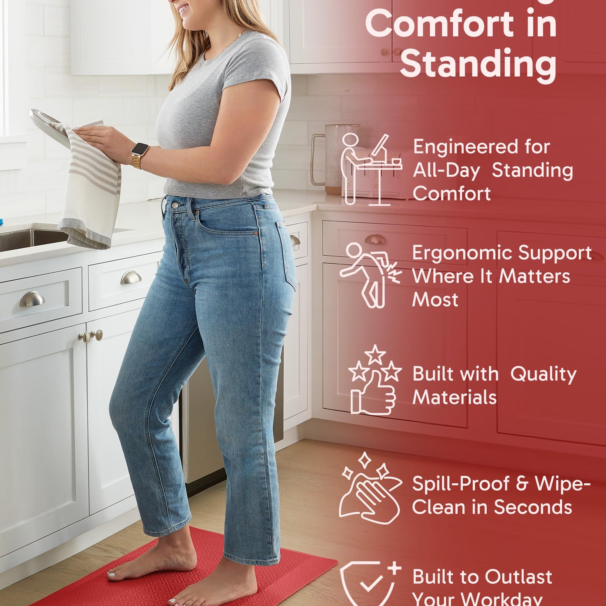 Ophanie Red Kitchen Mat 20x32, Anti Fatigue Standing Mat 3/4 Inch Thick, Non Slip Waterproof Cushioned Ergonomic Rug for Office Sink-zoom-3