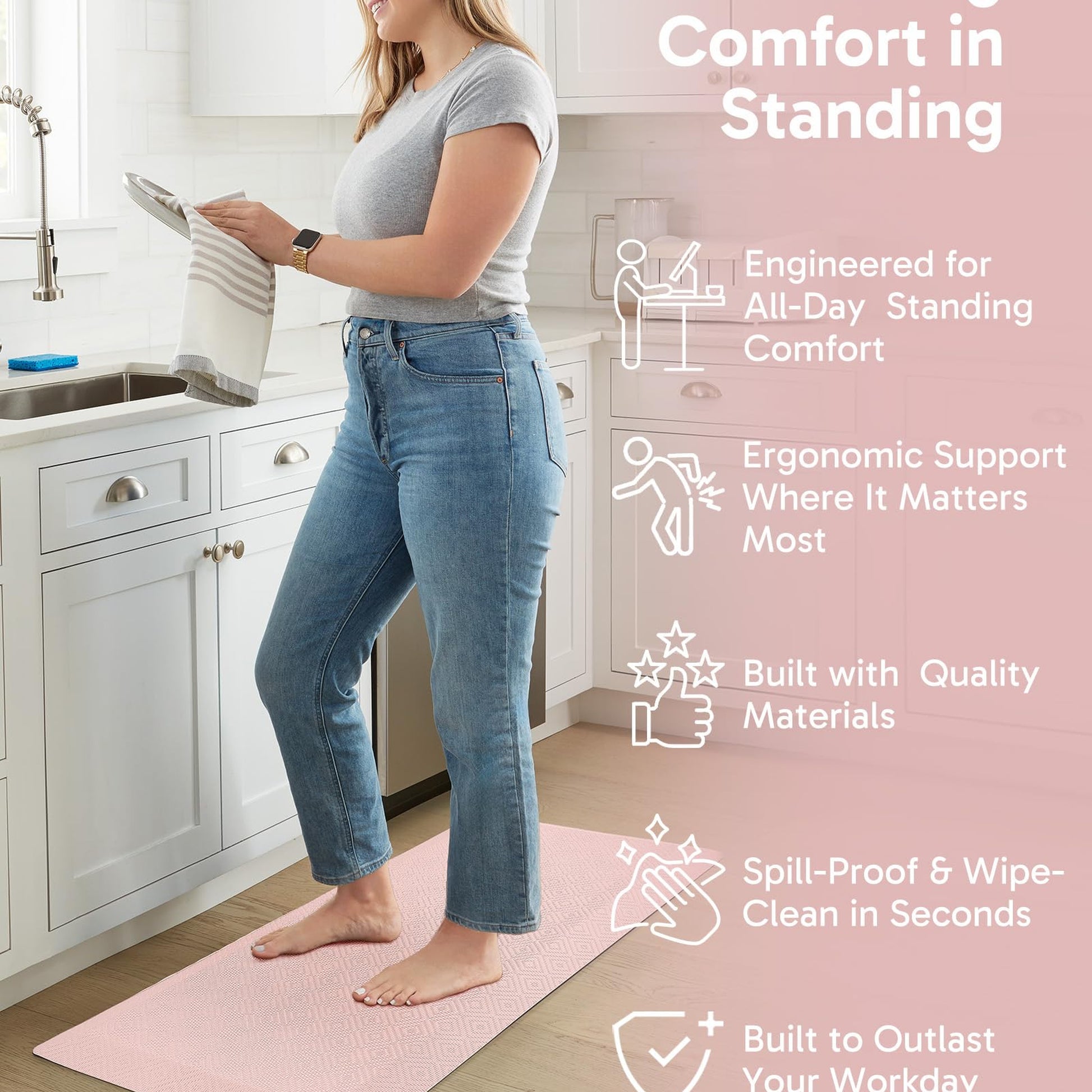 Ophanie Pink Kitchen Mat 20x39, Anti Fatigue Standing Mat 3/4 Inch Thick, Non Slip Waterproof Cushioned Ergonomic Rug for Office Sink-3