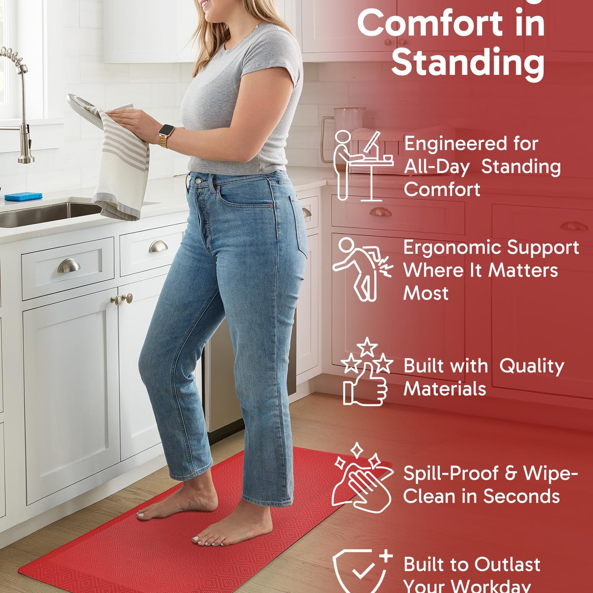 Ophanie Kitchen mats for Floor, 3/4 inch Thick, Kitchen Rugs, 20''x39'' Anti Fatigue Standing Cushioned Mat, Waterproof,Comfort Ergonomic mat for Office, Home, Sink, Red Non-Slip Bottom-zoom-3
