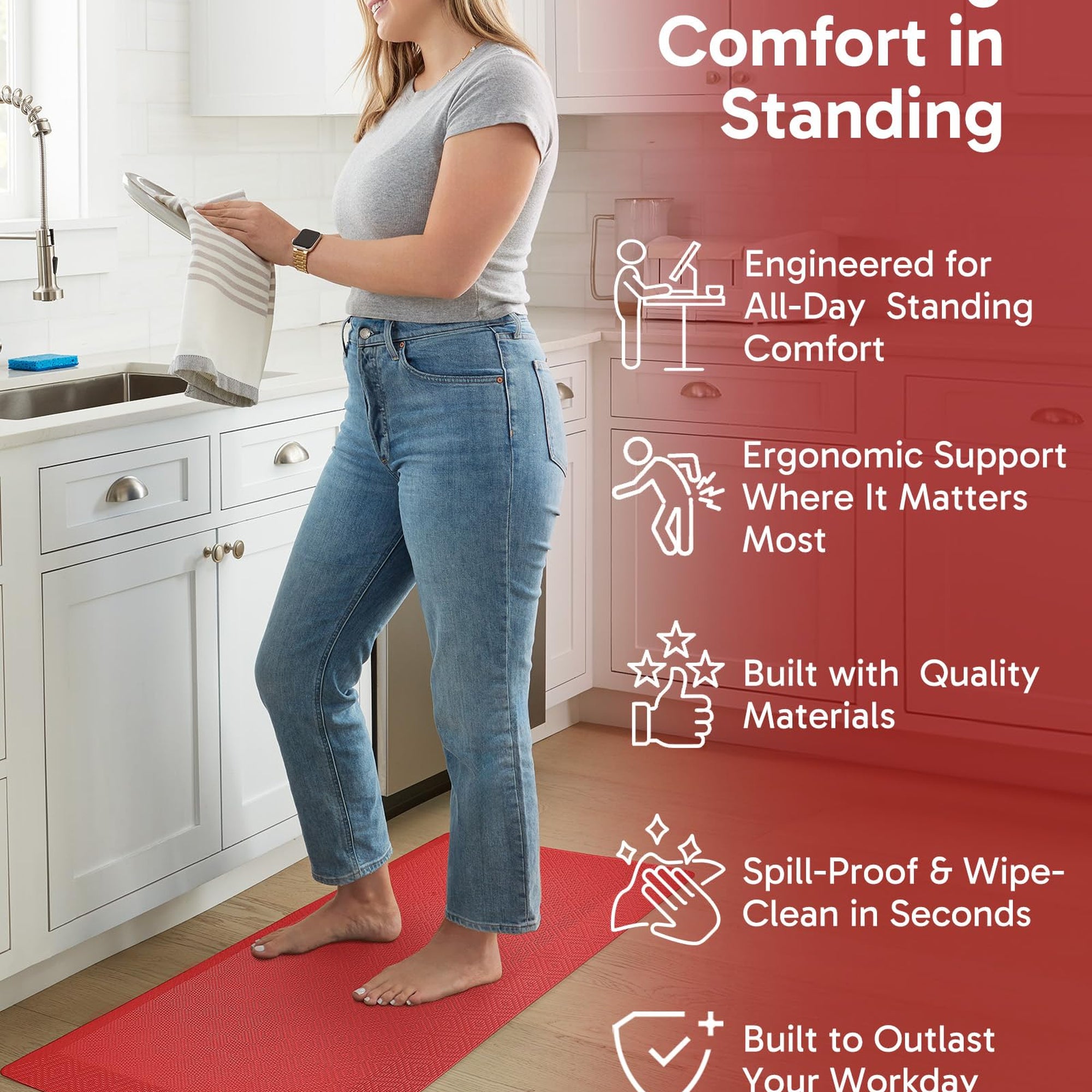 Ophanie Red Kitchen Mat 20x48, Anti Fatigue Standing Mat 3/4 Inch Thick, Non Slip Waterproof Cushioned Ergonomic Rug for Office Sink-zoom-3