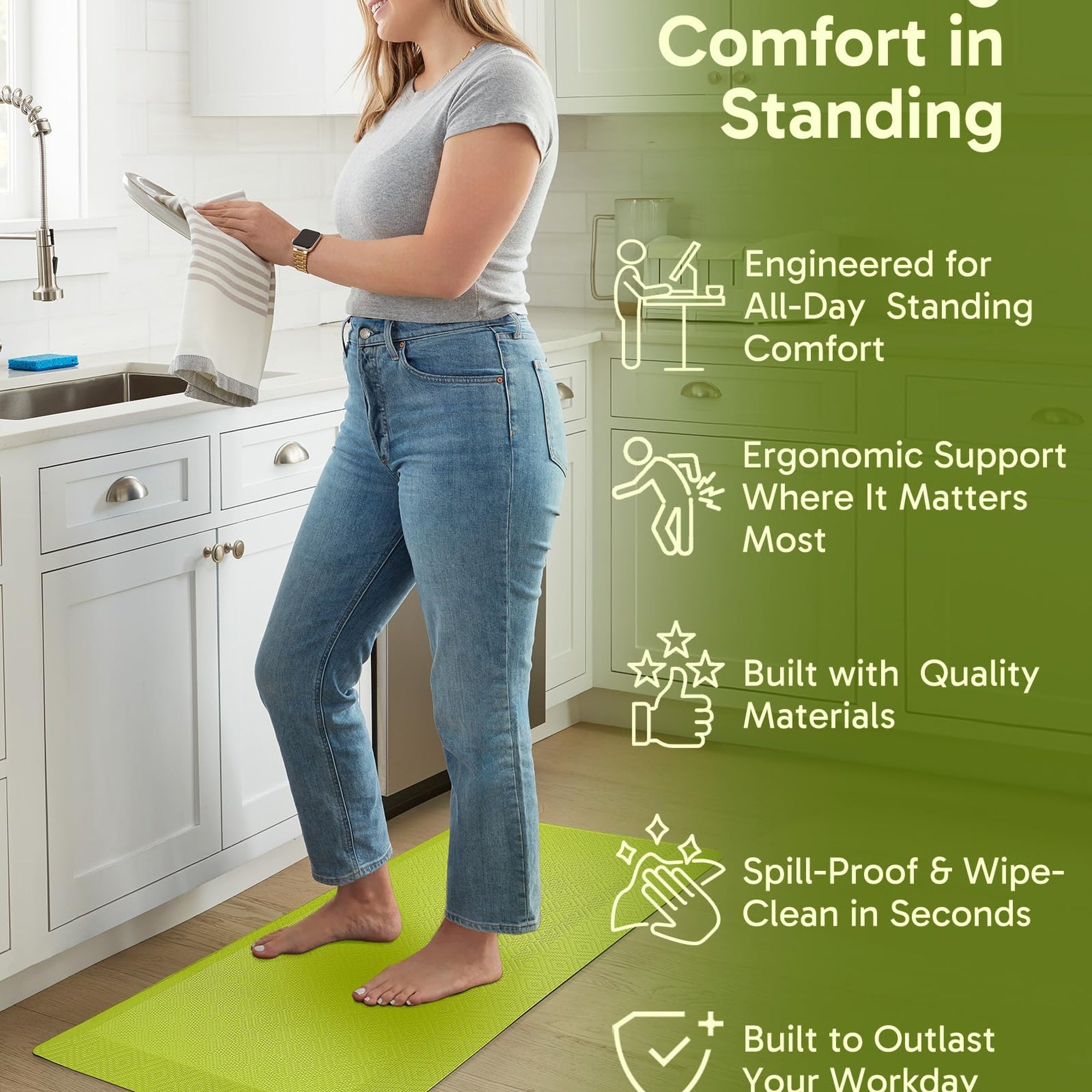 Ophanie Kitchen mats for Floor, 3/4 inch Thick, Kitchen Rugs, 20''x39'' Anti Fatigue Standing Cushioned Mat, Waterproof,Comfort Ergonomic mat for Office, Home, Sink, Green Non-Slip Bottom-zoom-3