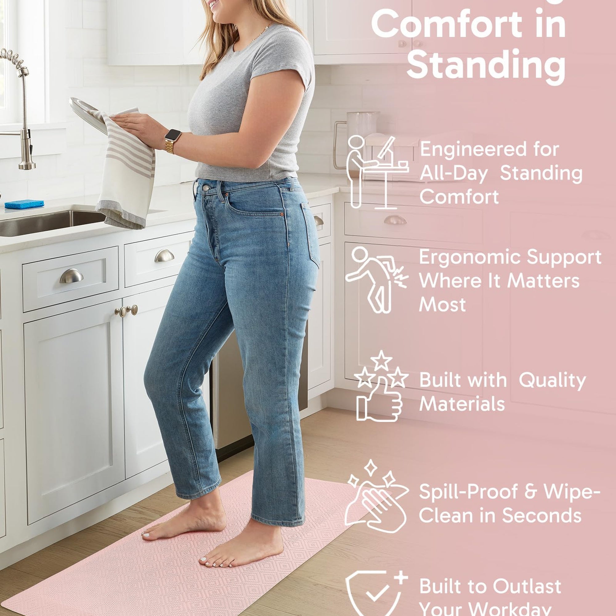 Ophanie Pink Kitchen Mat 20x48, Anti Fatigue Standing Mat 3/4 Inch Thick, Non Slip Waterproof Cushioned Ergonomic Rug for Office Sink-zoom-3