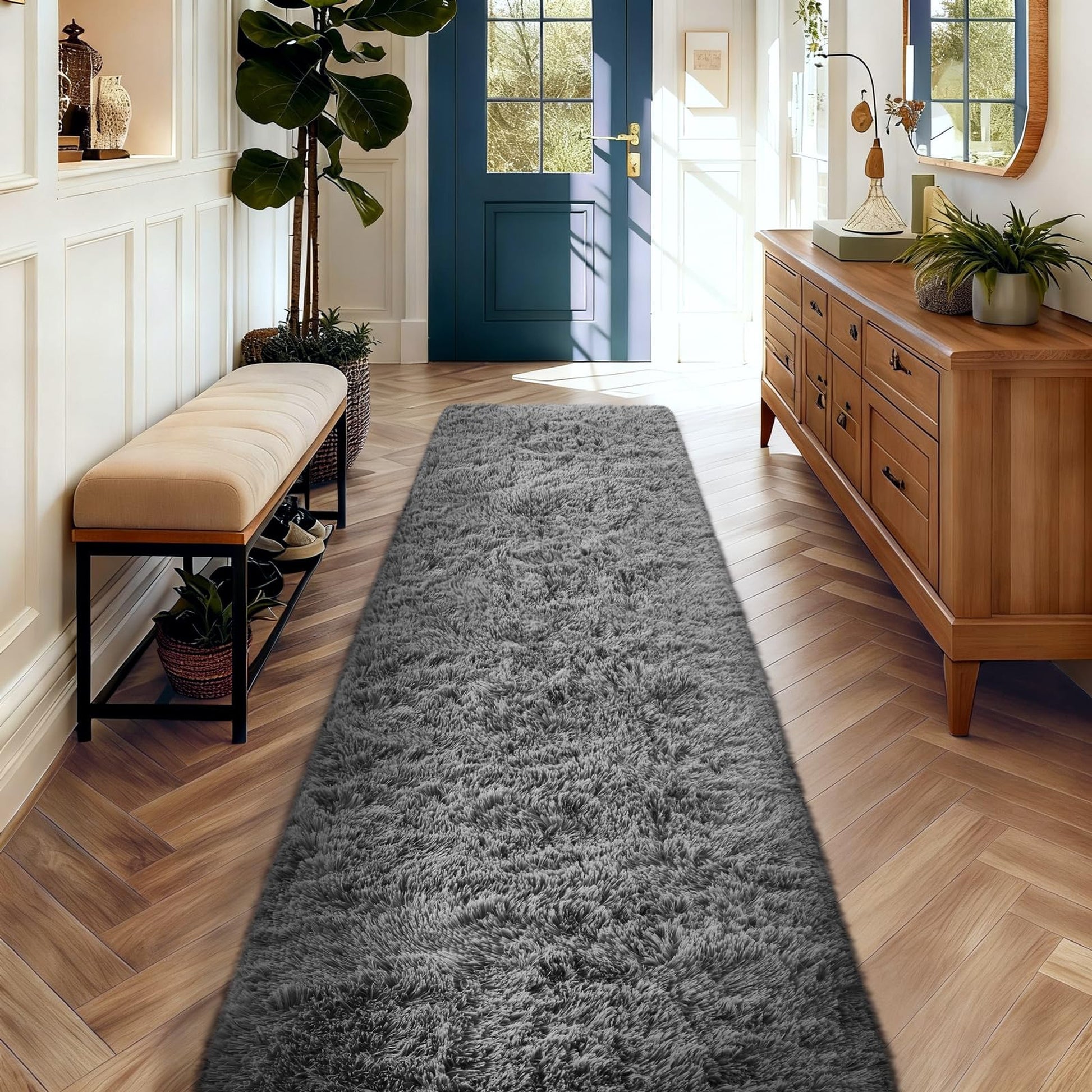 Ophanie Grey Fluffy Runner Rug 2x10, Non Slip Shag Carpet for Hallway Bedroom, Soft Bedside Rug for Kids Nursery, Living Room Dorm Mat-9