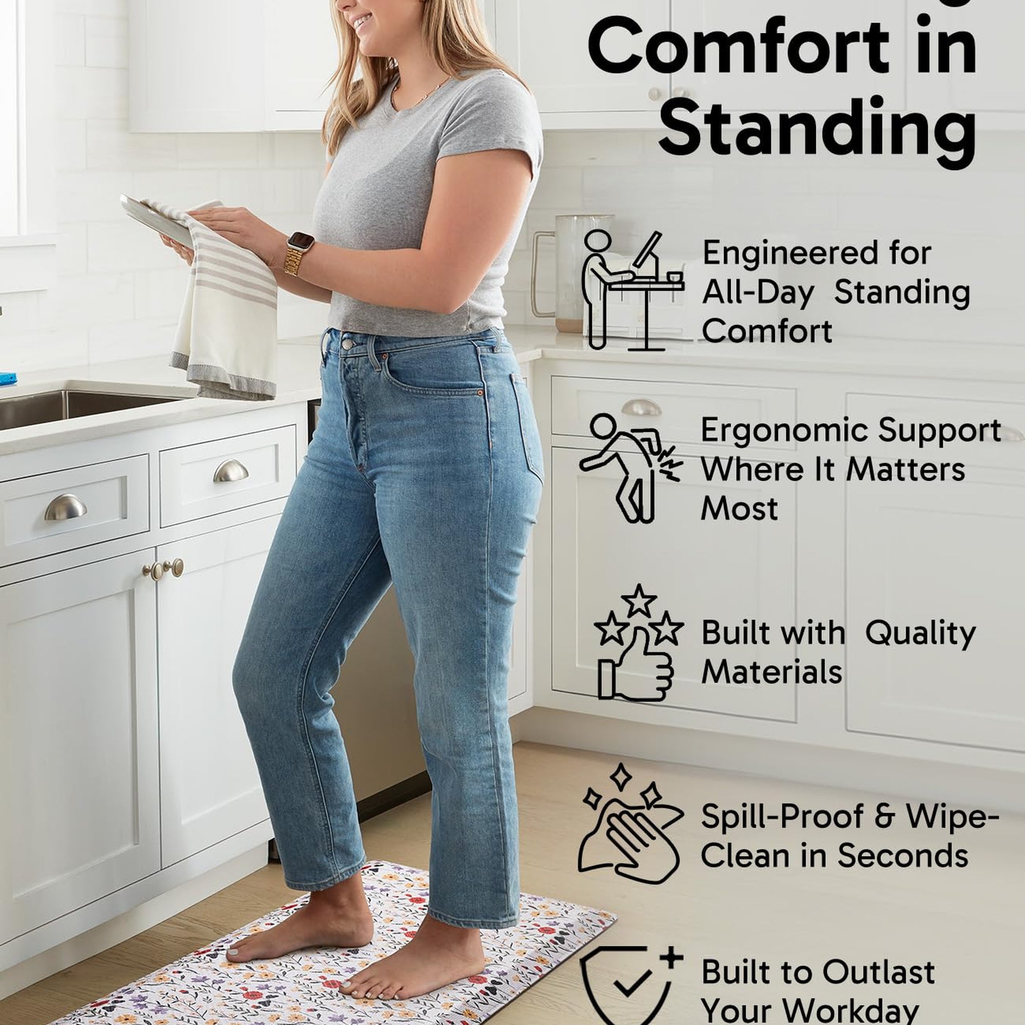 Ophanie 20" x 48" Anti-Fatigue Cushioned Non-Slip Waterproof Kitchen Mat 3/4" Thick - White Flower-zoom-4