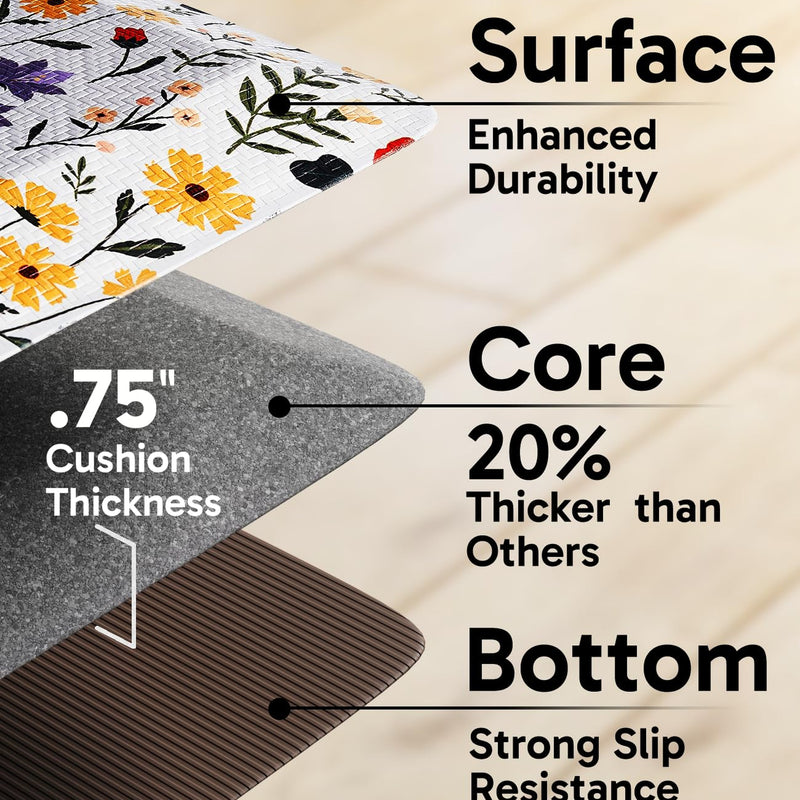 Ophanie 20" x 48" Anti-Fatigue Cushioned Non-Slip Waterproof Kitchen Mat 3/4" Thick - White Flower-zoom-